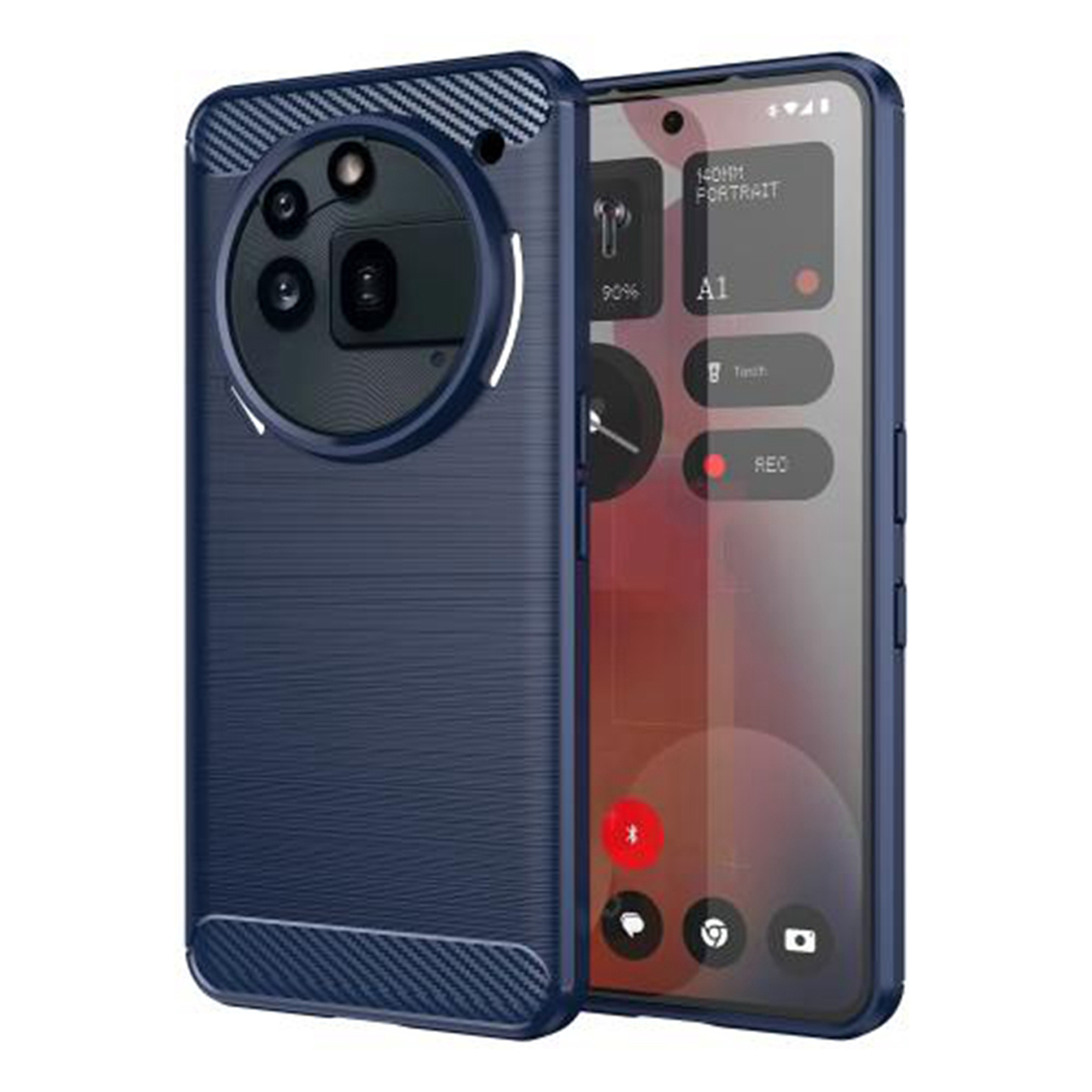 Donkerblauwe telefoonhoes met een textuurontwerp. De telefoon heeft meerdere camera's en een flitser.