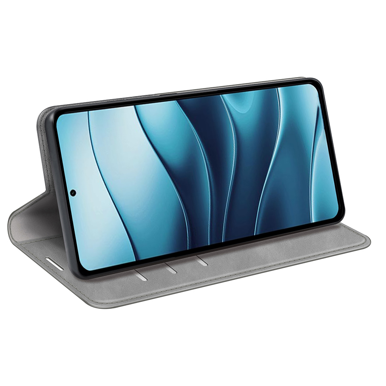 Un téléphone sur un étui gris. L'écran du téléphone affiche un motif abstrait bleu et gris.