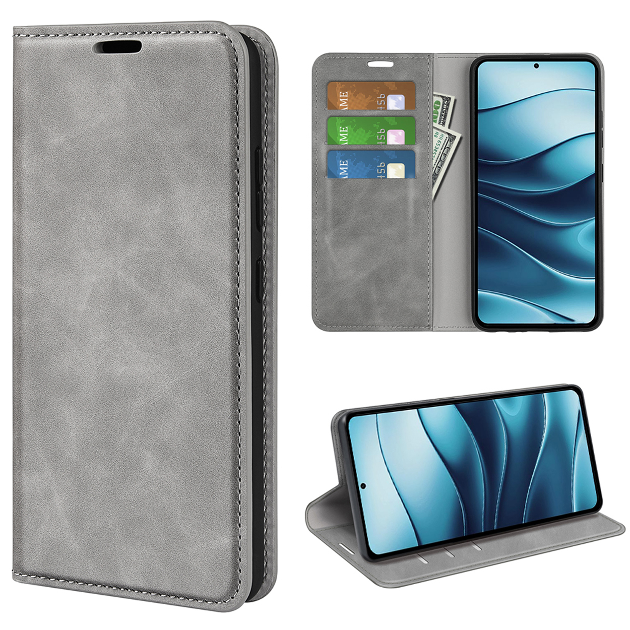Étui de téléphone en cuir gris ouvert, avec cartes, argent et téléphone. Le téléphone est aussi soutenu.