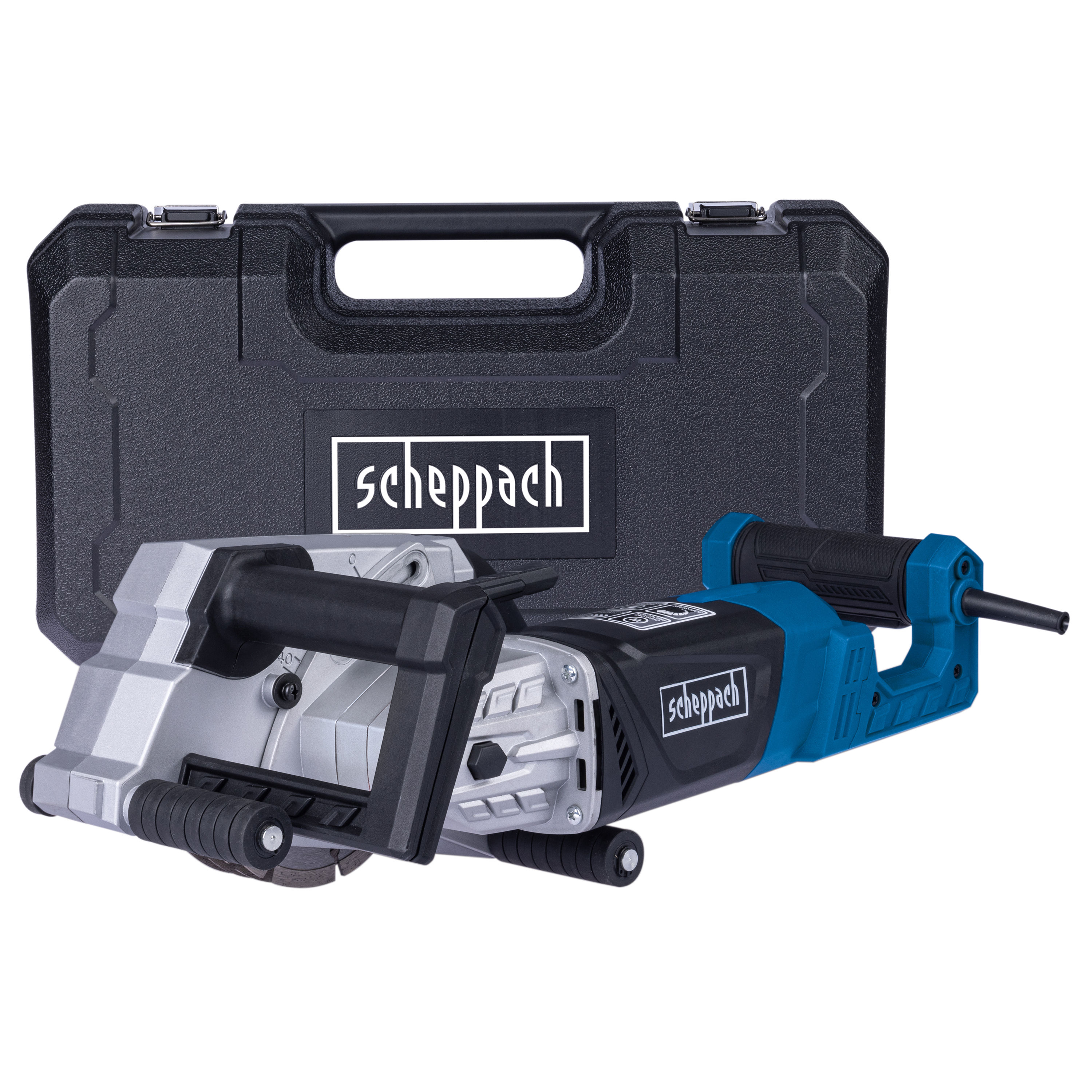 Una custodia nera e un utensile da taglio blu e argento con il marchio 'scheppach' su sfondo bianco.