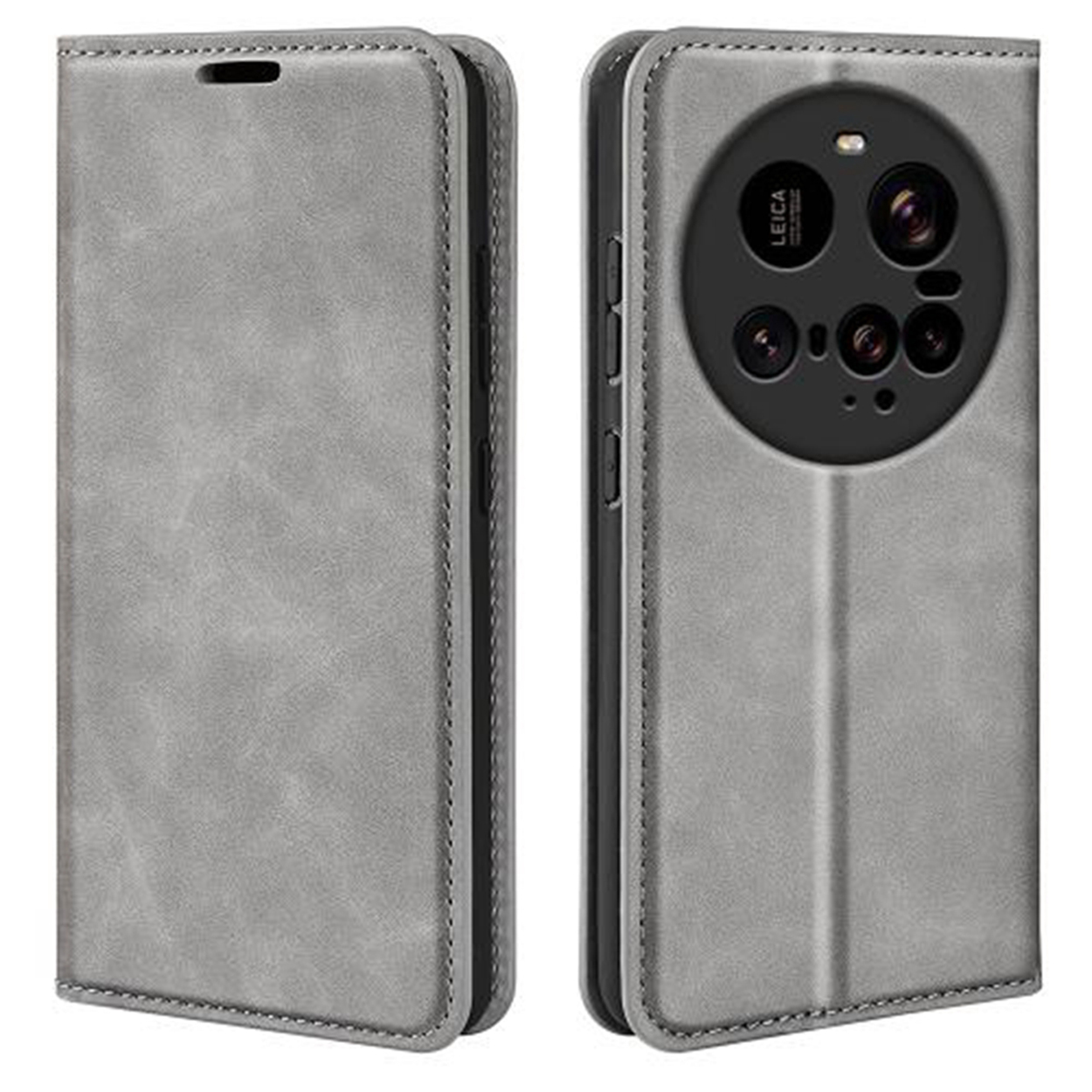 Grijze leren telefoonhoes, gesloten en open. De telefoon heeft een grote camera met Leica.