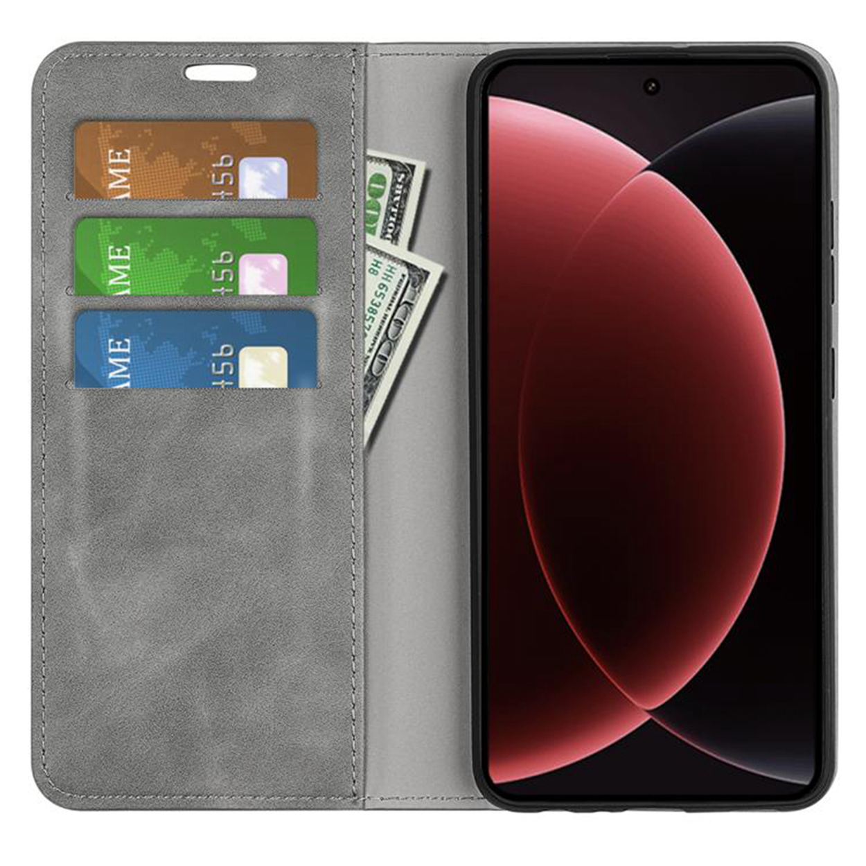 Grijze leren telefoonhoes open, met kaarten, contant geld en een telefoon met rode achtergrond.