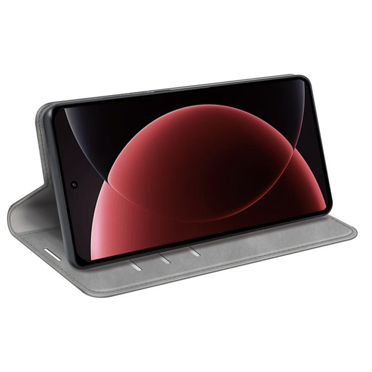 Telefoon in een grijze leren hoes, opgezet om te bekijken. Rood en zwart gebogen display zichtbaar.