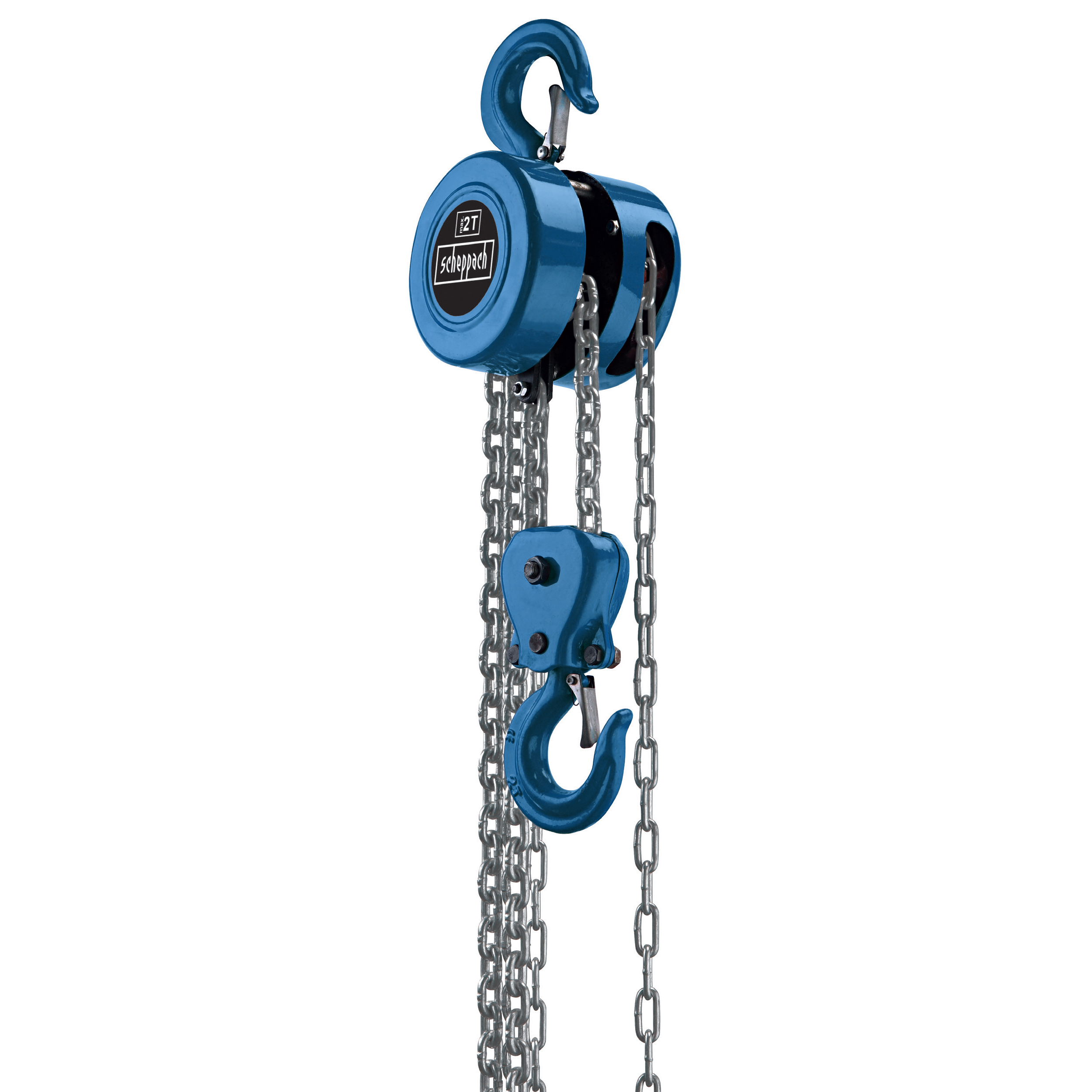 Un paranco a catena blu con due ganci. Il paranco riporta il marchio 'scheppach'.