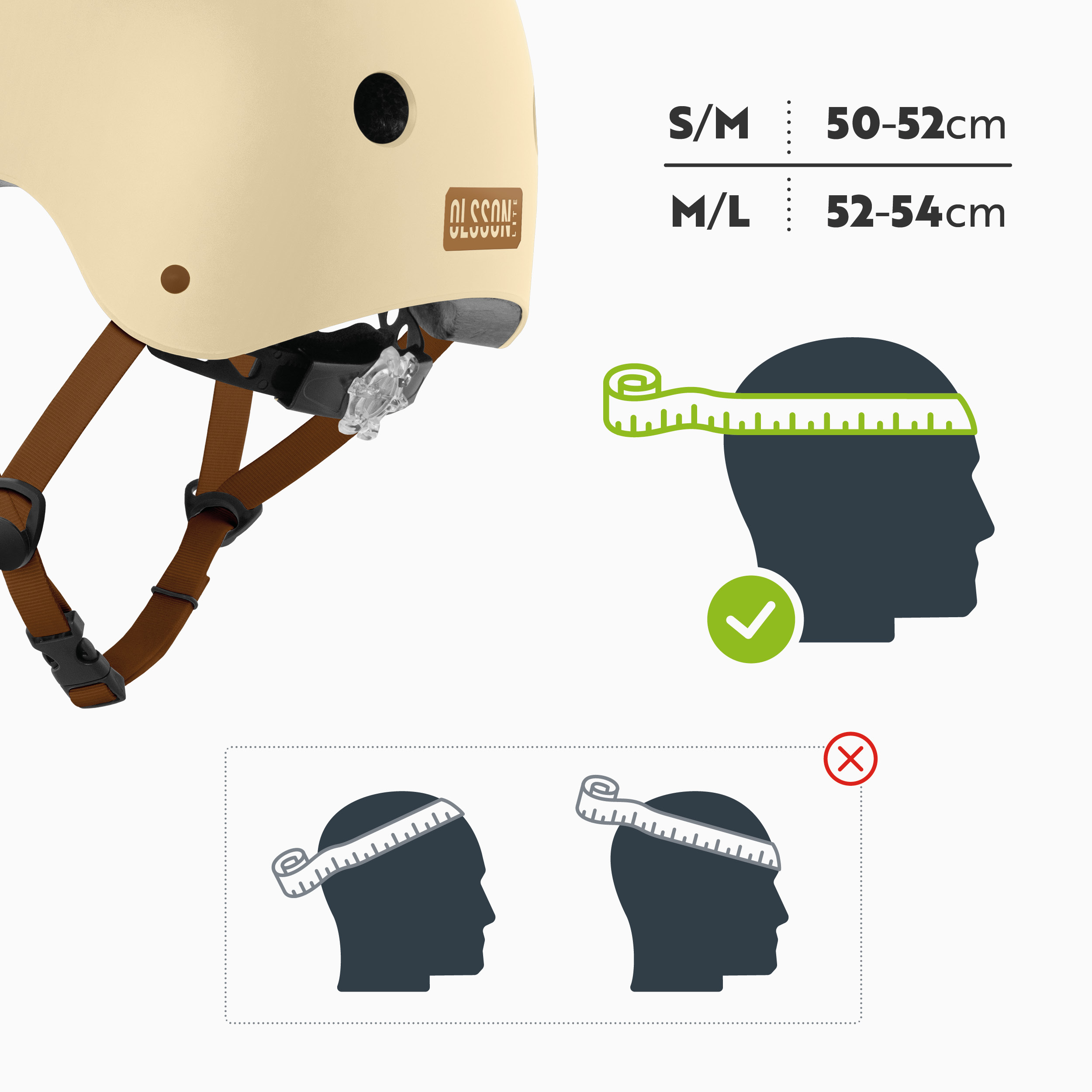 Casco beige con tabla de tallas. S/M: 50-52cm, M/L: 52-54cm. Diagramas muestran medición correcta e incorrecta.