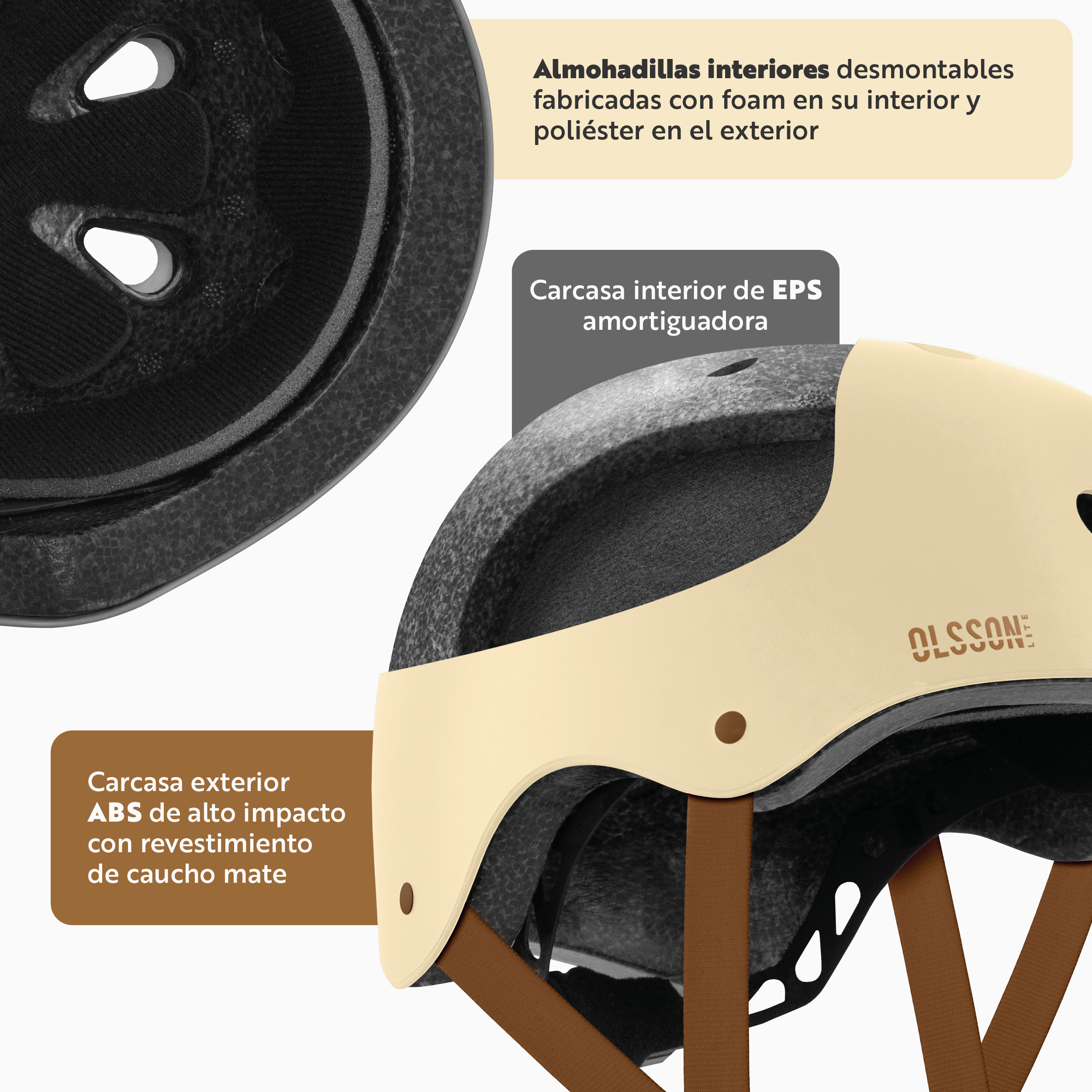 Primer plano de un casco beige con correas marrones. Detalles interiores, incluyendo acolchado y material, son visibles.