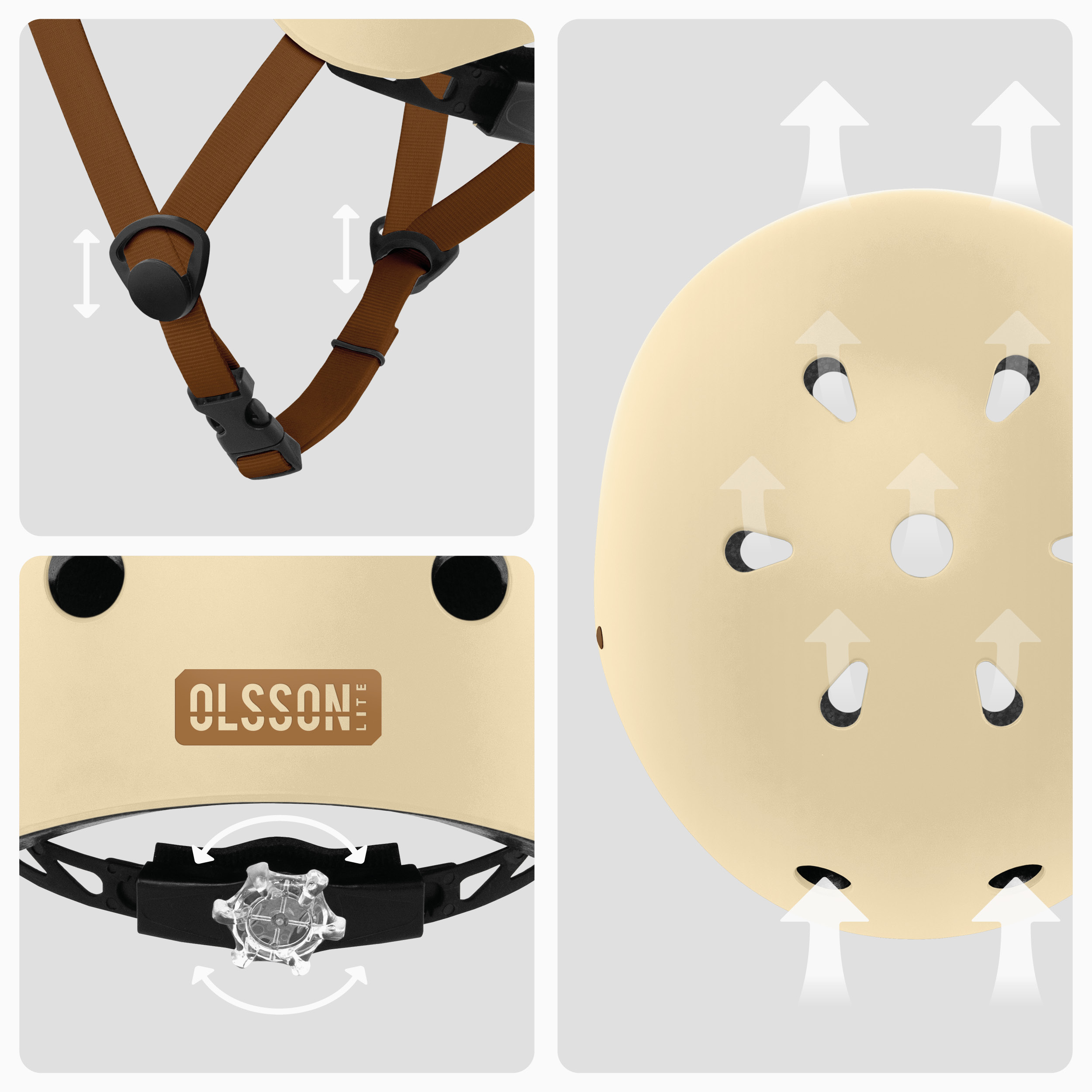 Primer plano de un casco beige, mostrando detalles de ajuste y orificios de ventilación.