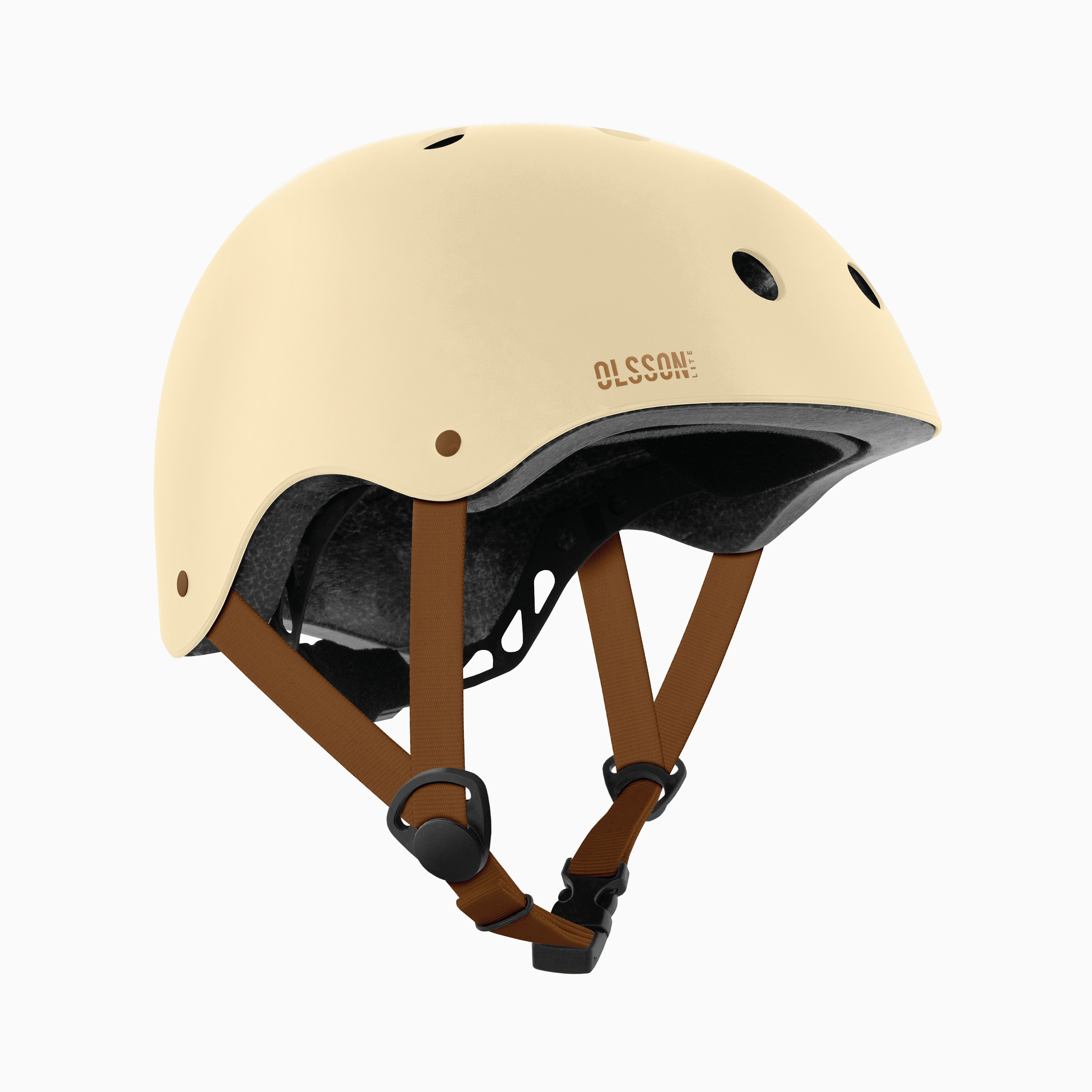 Casco beige con correas marrones.