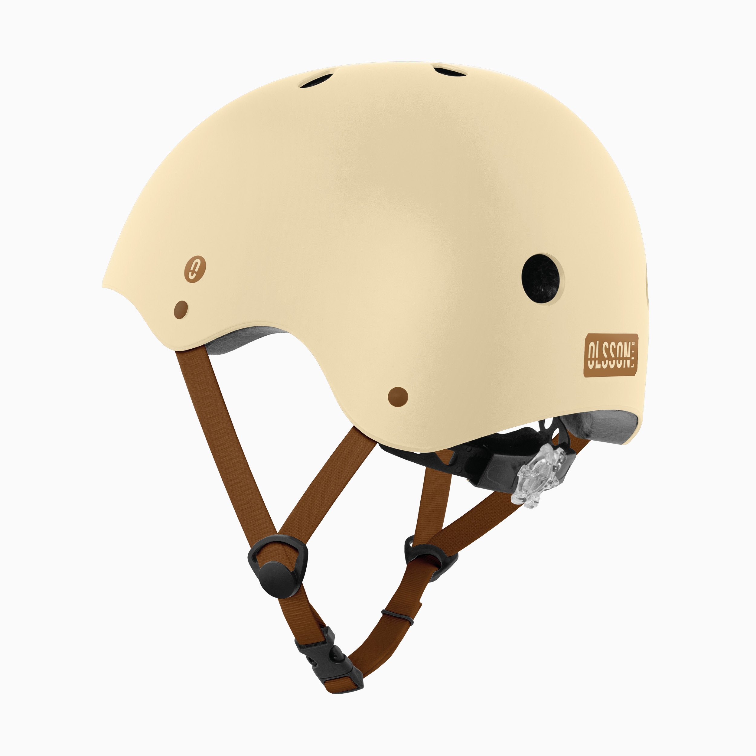 Un casco beige con correas marrones sobre un fondo blanco. La marca 'Olsson' es visible.