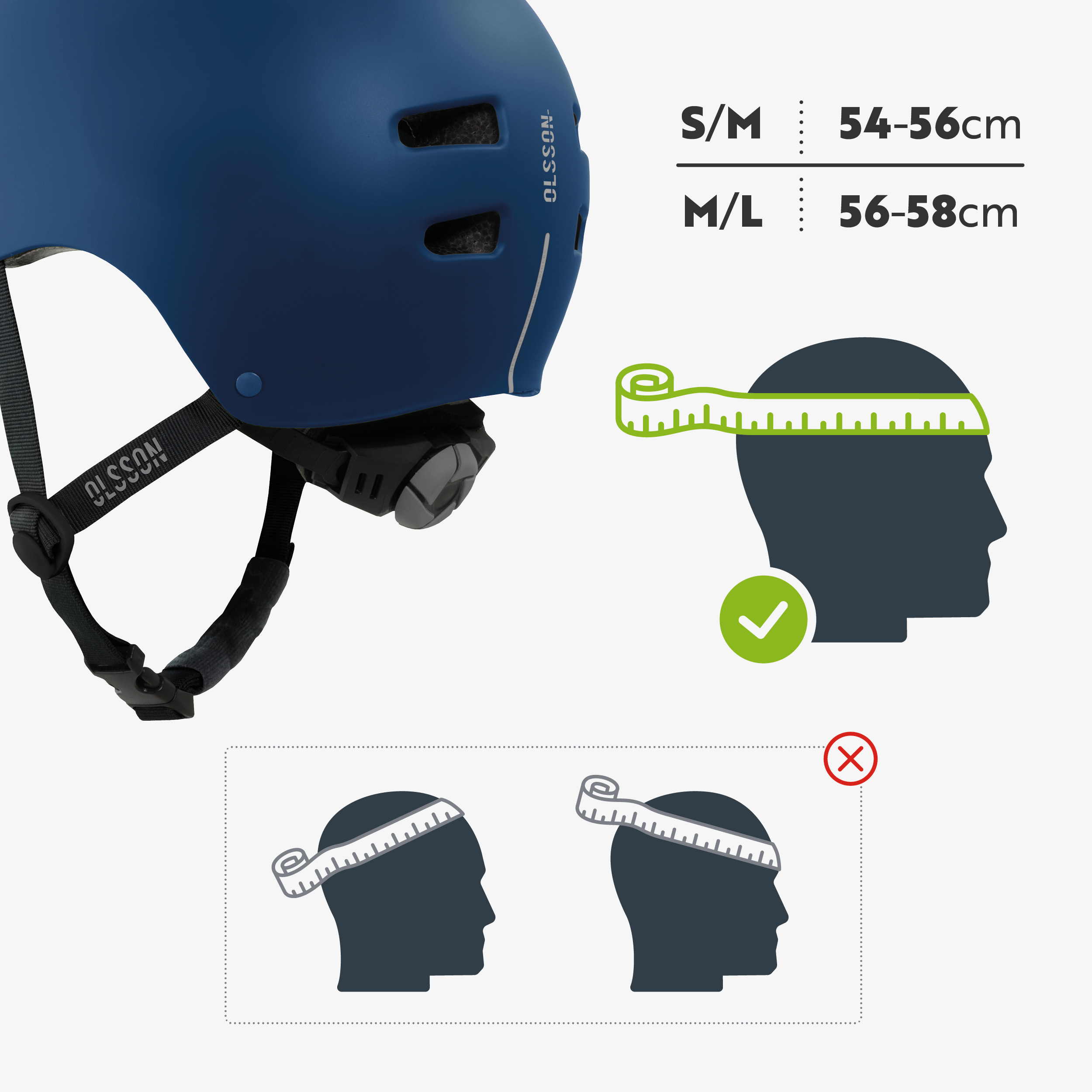 Casco azul con tabla de tallas. S/M: 54-56cm, M/L: 56-58cm. Diagramas muestran medición correcta e incorrecta.