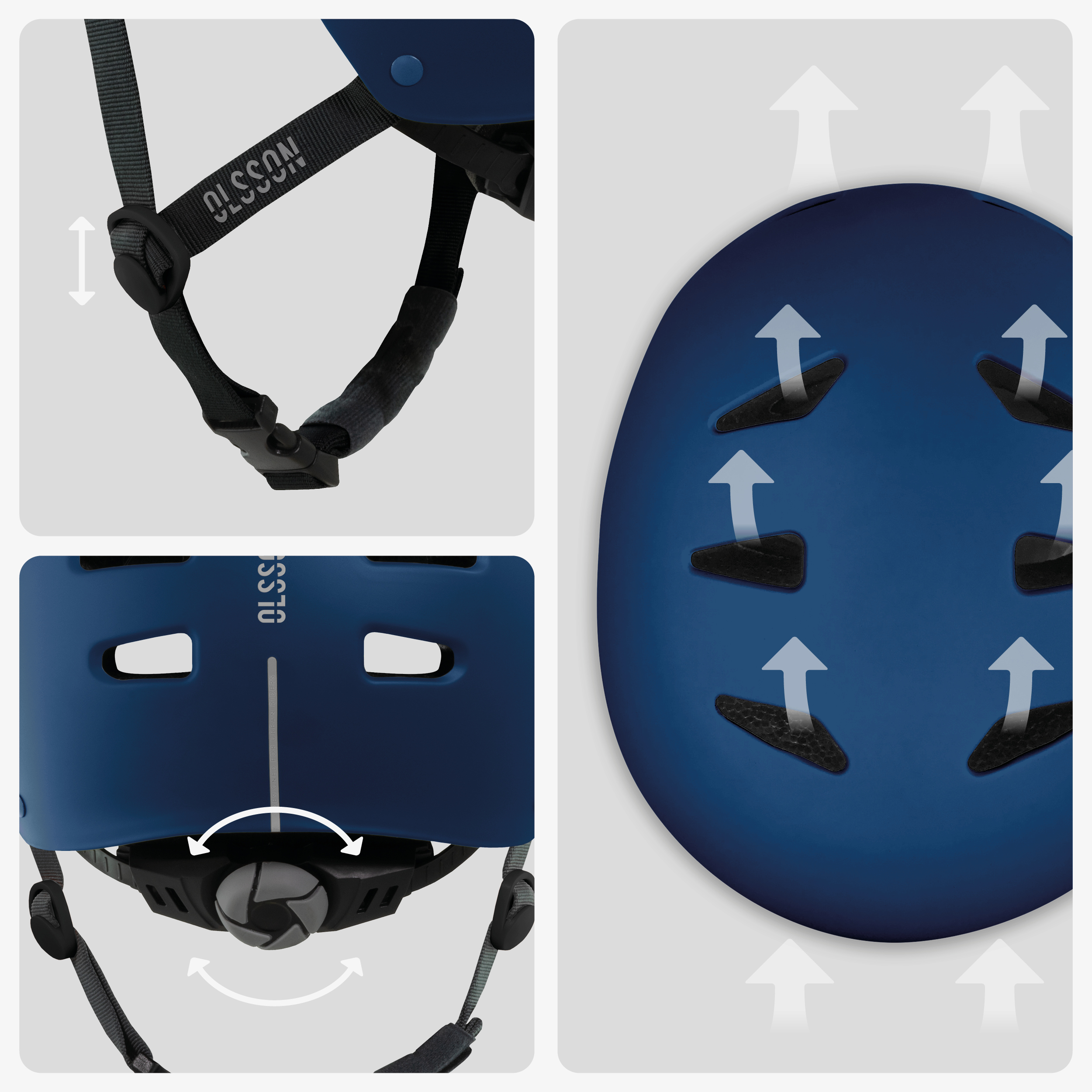 Primeros planos de un casco azul. Muestra ajustes de correa y ventilación. Flechas indican flujo de aire.