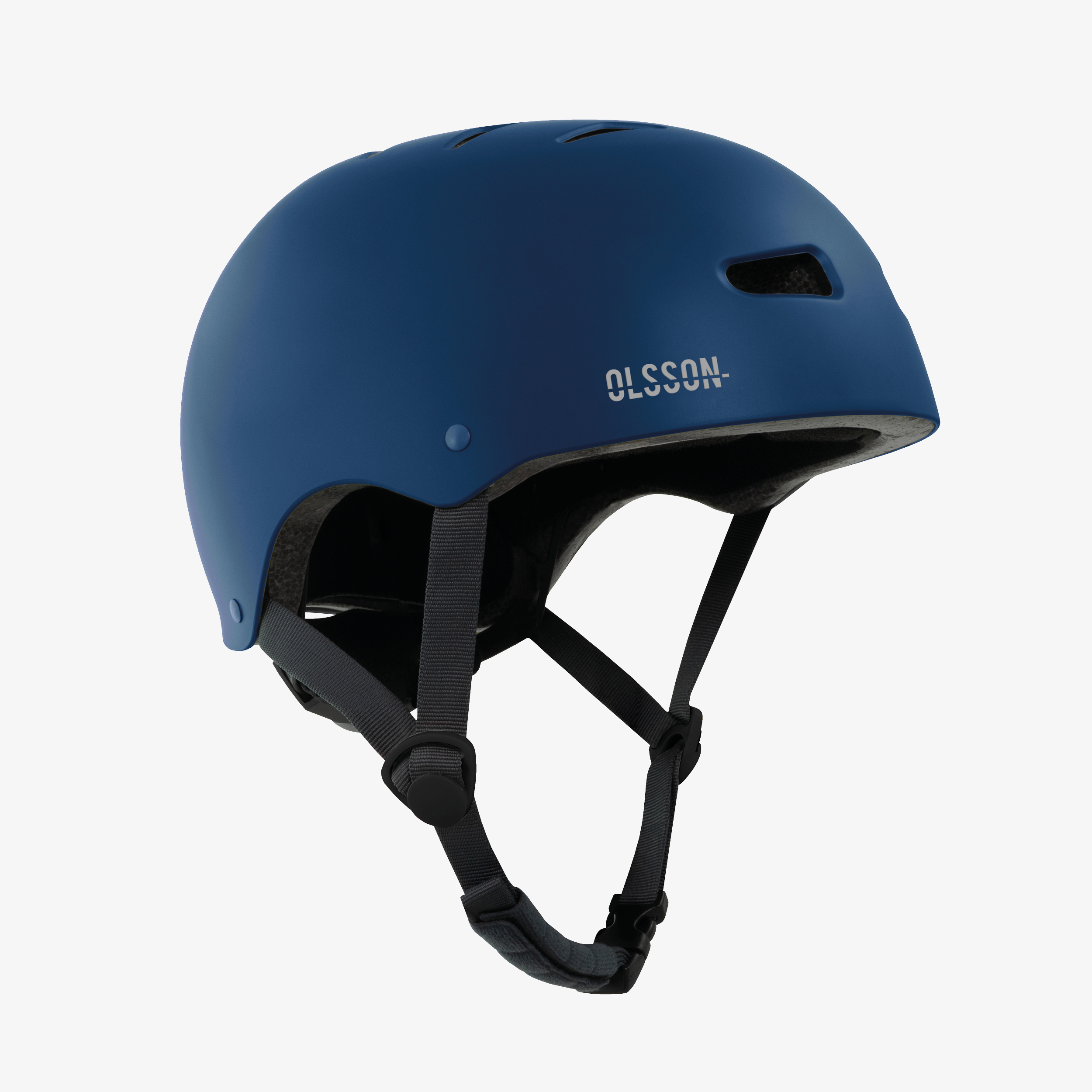 Un casco de bicicleta azul con correas y un logotipo, sobre un fondo blanco.