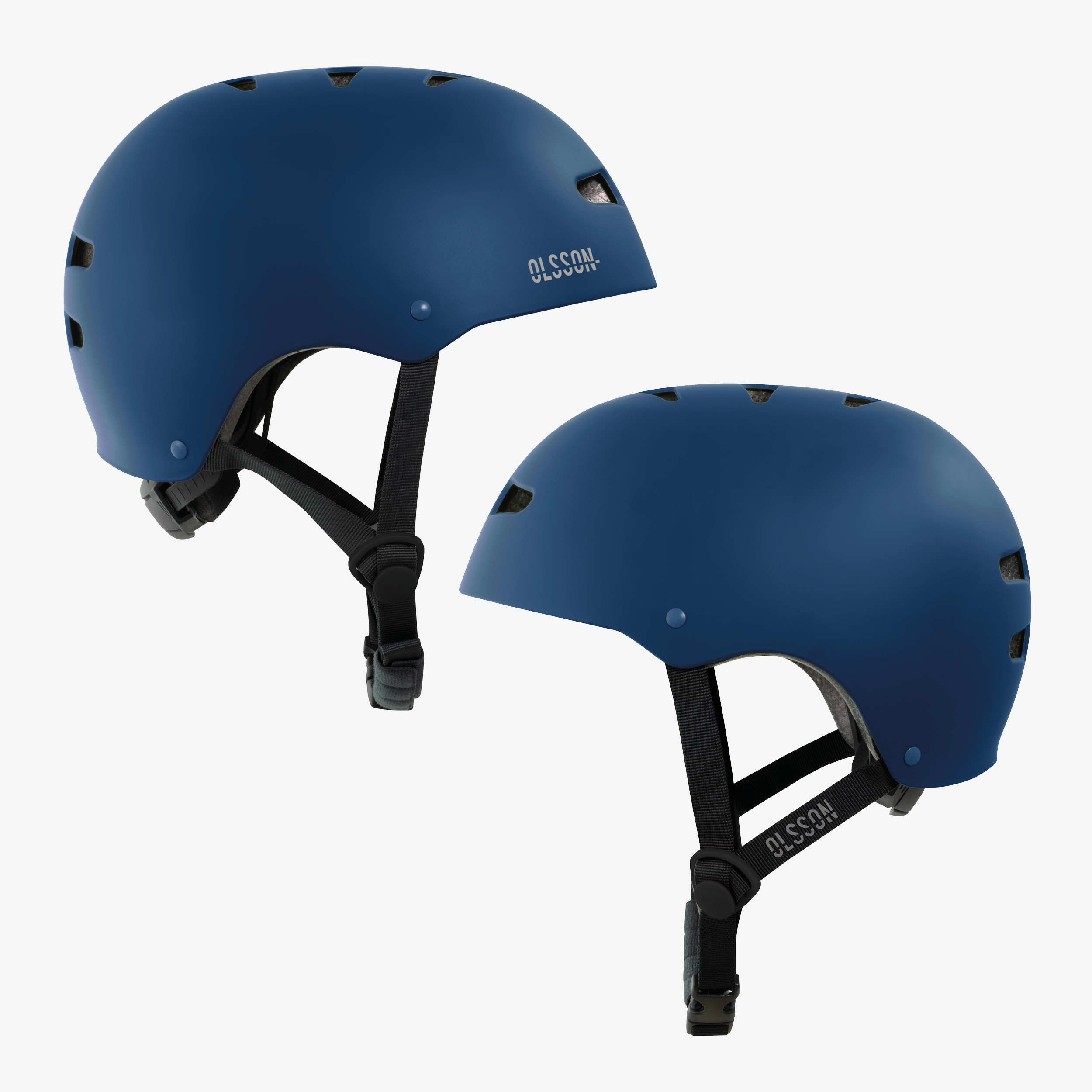 Dos cascos azules. Ambos tienen correas negras y el nombre 'OLSSON' al lado. Sobre fondo blanco.