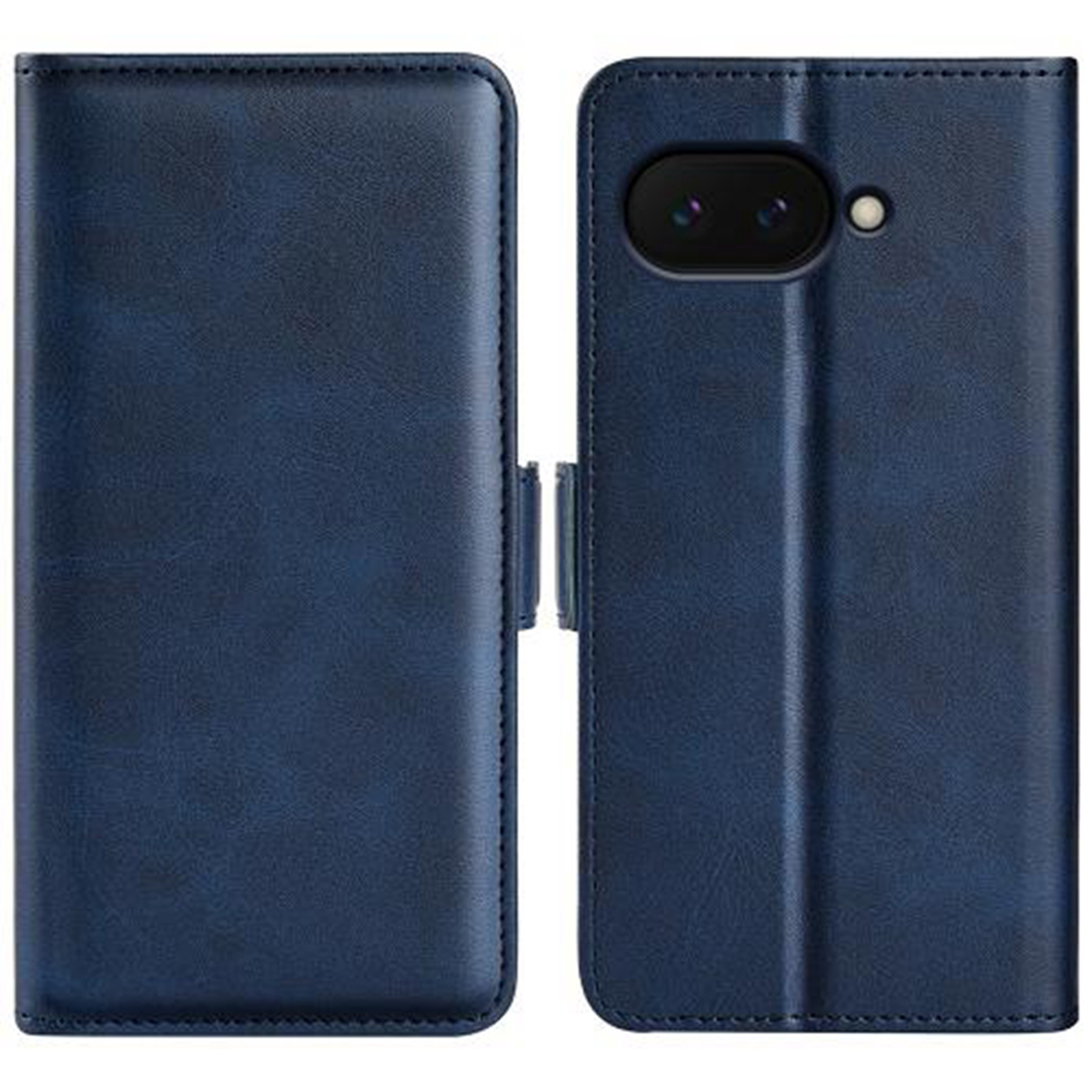 Een gesloten blauwe leren telefoonhoes. De voor- en achterkant zijn zichtbaar.