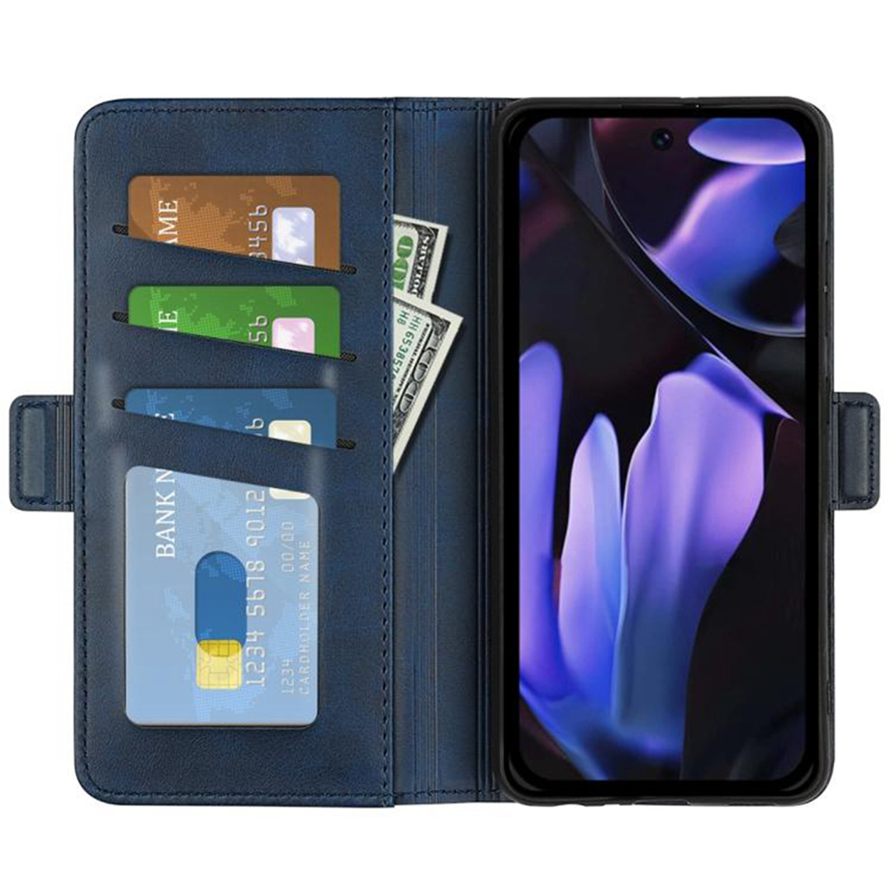 Blauwe leren telefoonhoes open. Binnenin zitten kaartsleuven, contant geld en een telefoon met een paars scherm.