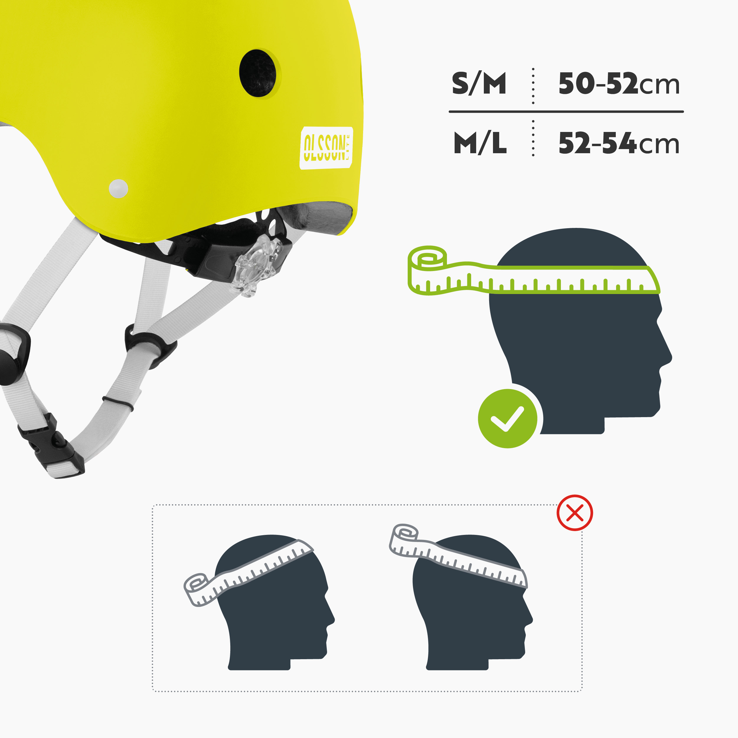 Gráfico que muestra cómo medir la cabeza para un casco, con información de tallas S/M y M/L.