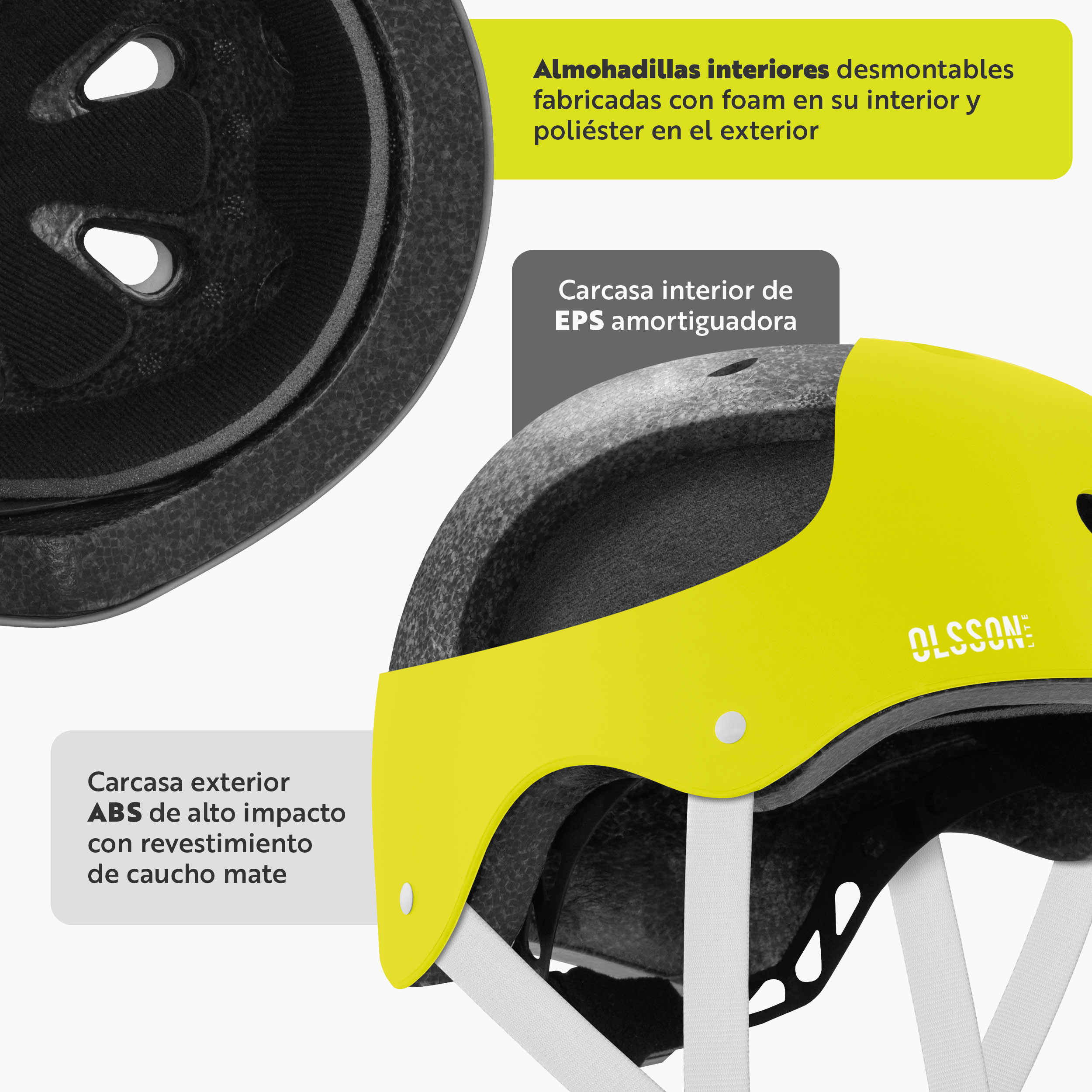 Primer plano de los componentes internos de un casco amarillo con etiquetas: espuma, carcasa y acolchado interior.