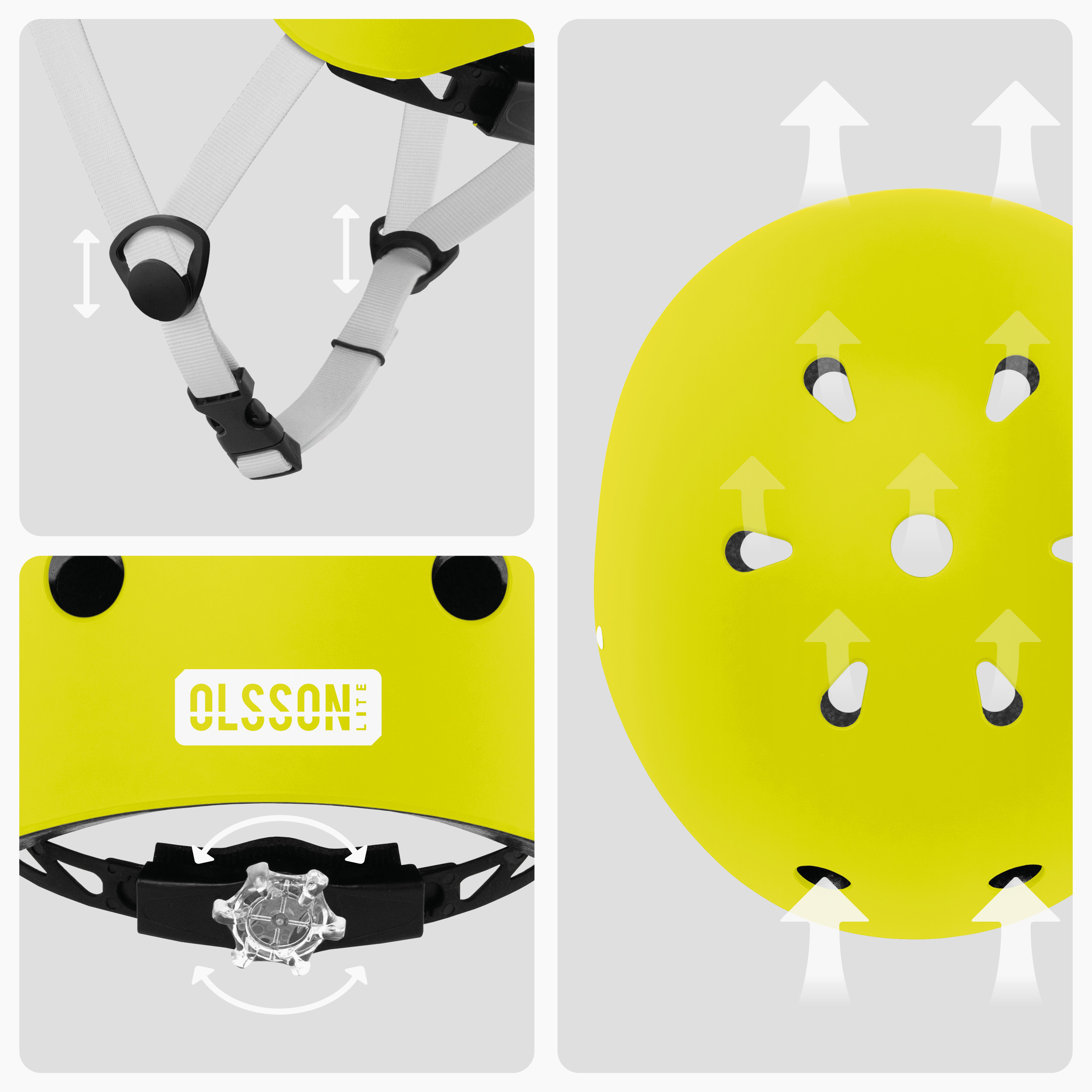 Primer plano de un casco amarillo con ventilaciones y correas ajustables. El texto "OLSSON" es visible.
