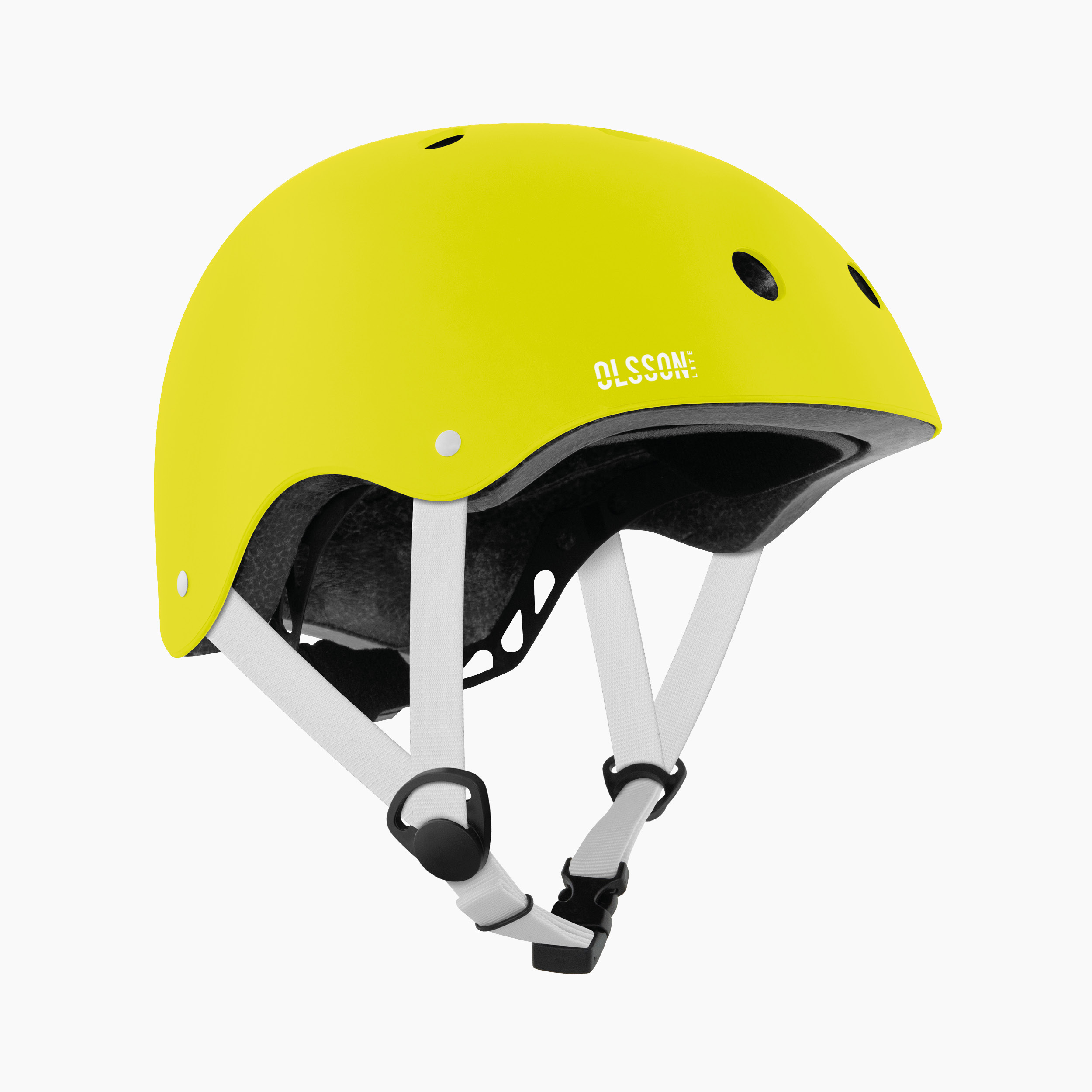 Casco amarillo con correas blancas, un dial de ajuste negro y el texto "OLSSON" en el lateral.