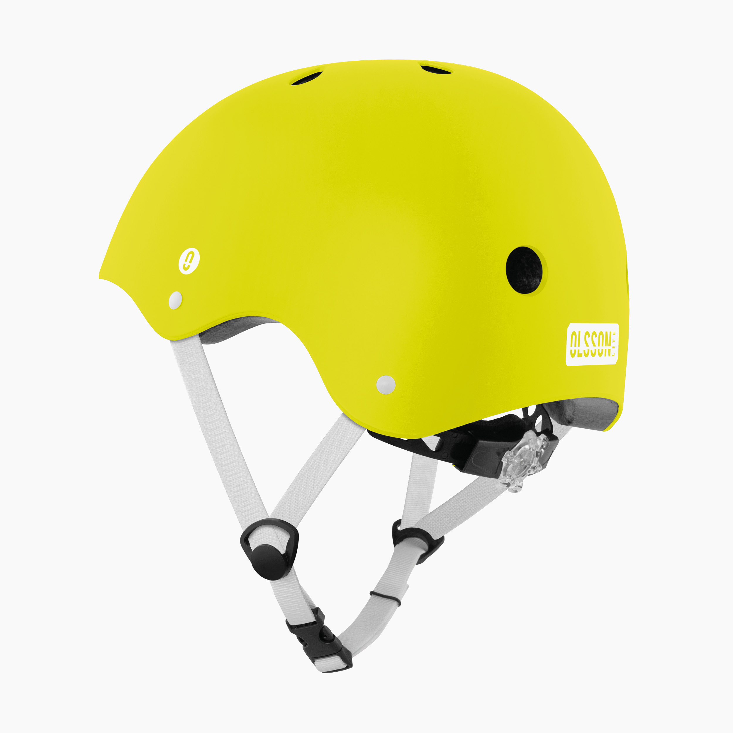 Casco amarillo con correas blancas, un dial de ajuste negro y el texto "OLSSON" en el lateral.