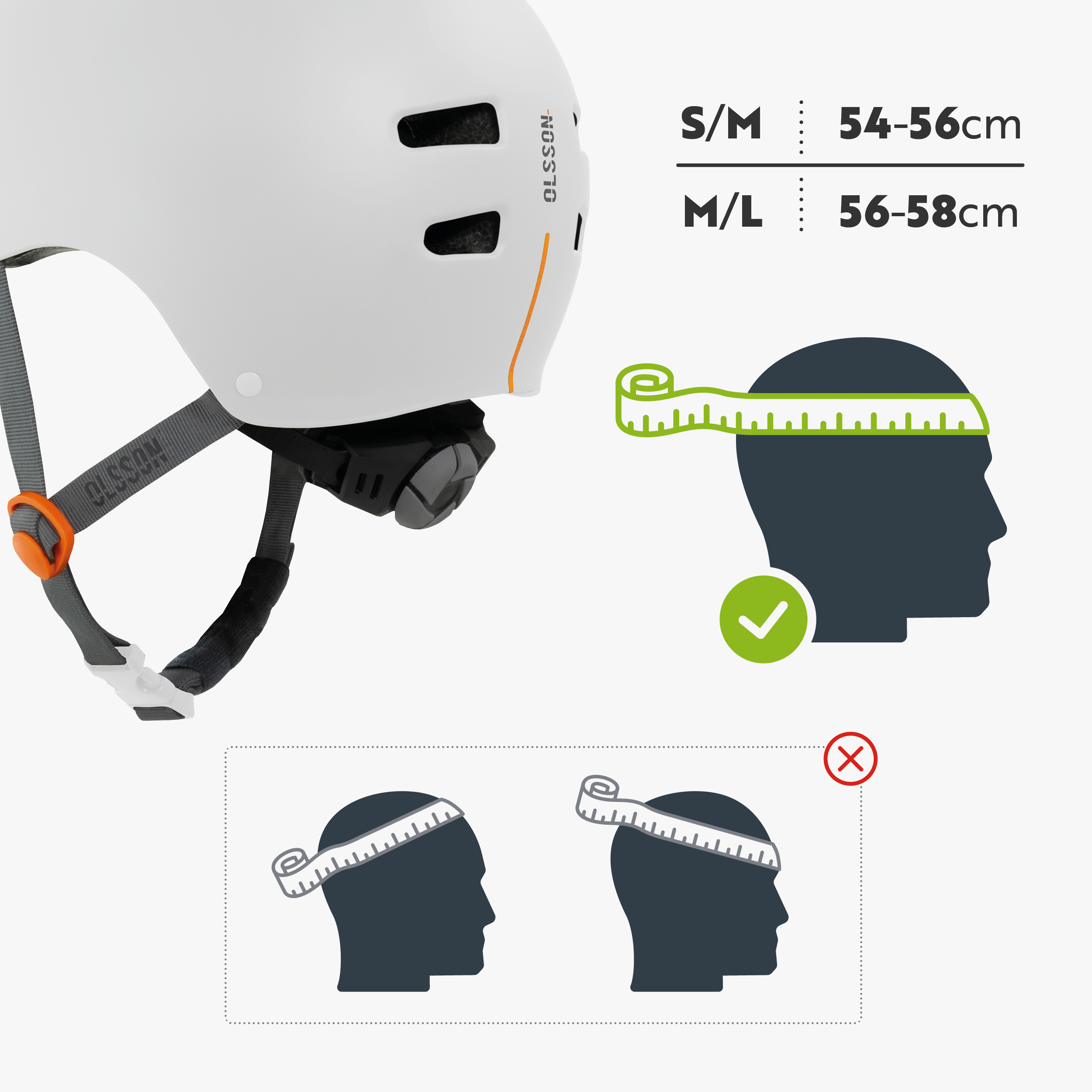Un casco blanco con un diagrama de medición para el tamaño de la cabeza. Texto muestra S/M 54-56cm, y M/L 56-58cm.