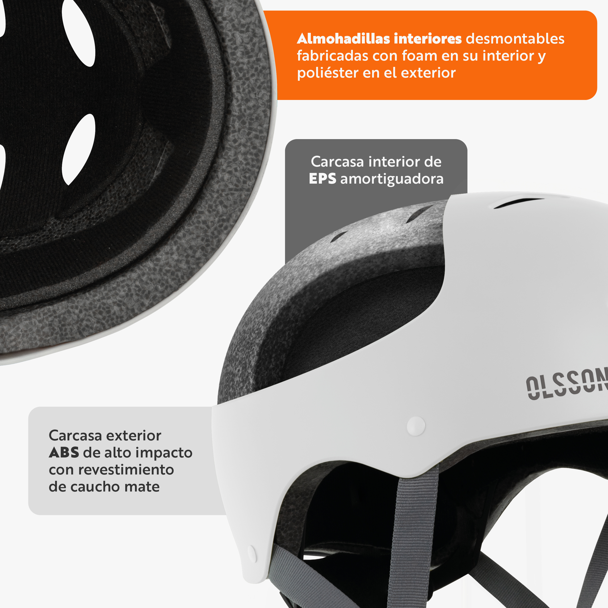 Primer plano que muestra el interior de un casco blanco, con acolchado de espuma y el texto "OLSSON" en el lateral.