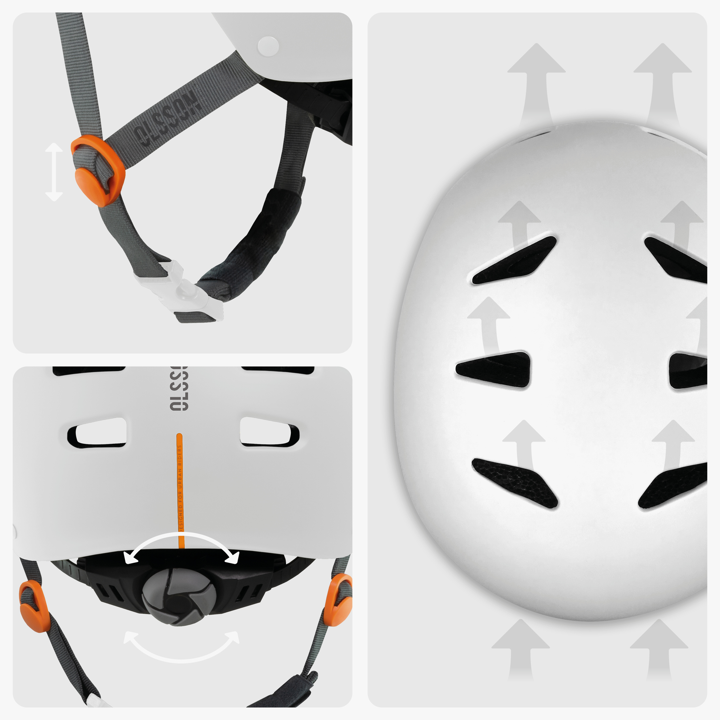 Primeros planos de un casco blanco. Correa gris, hebilla naranja. Las flechas muestran las ventilas.
