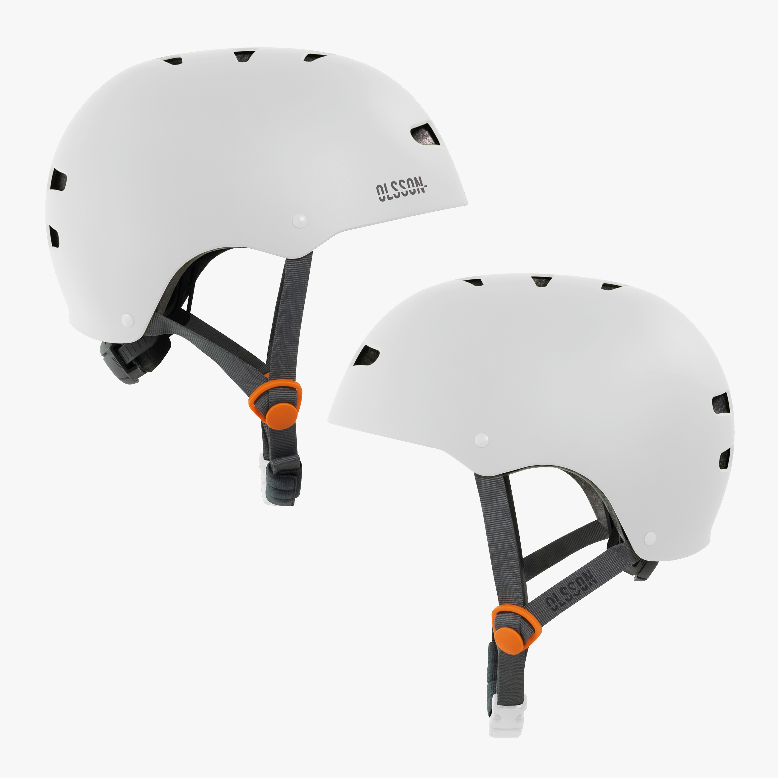 Dos cascos blancos. Tienen la marca Olsson. Correa gris con hebilla naranja.