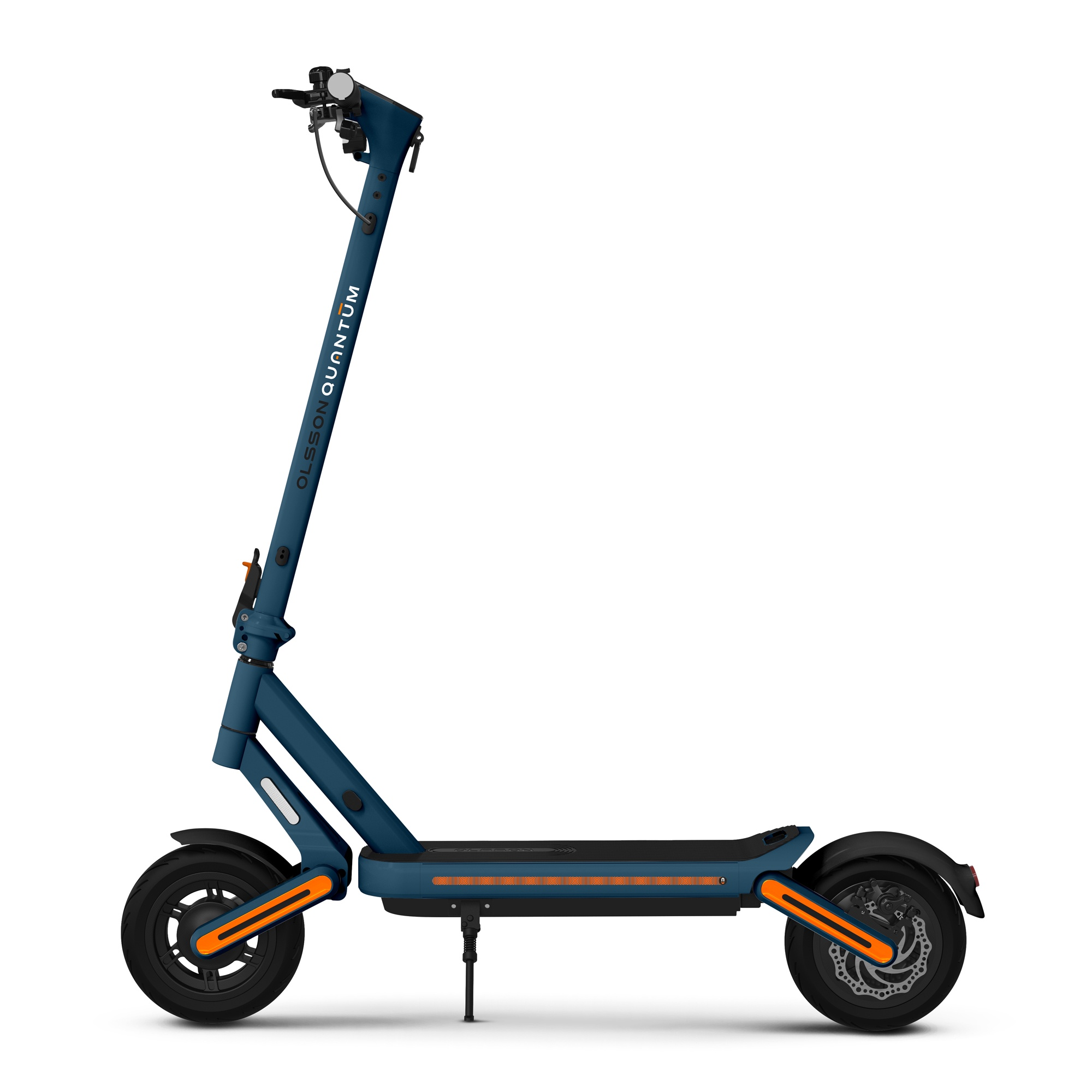 Scooter eléctrico azul, ruedas negras, detalles naranjas, fondo blanco.