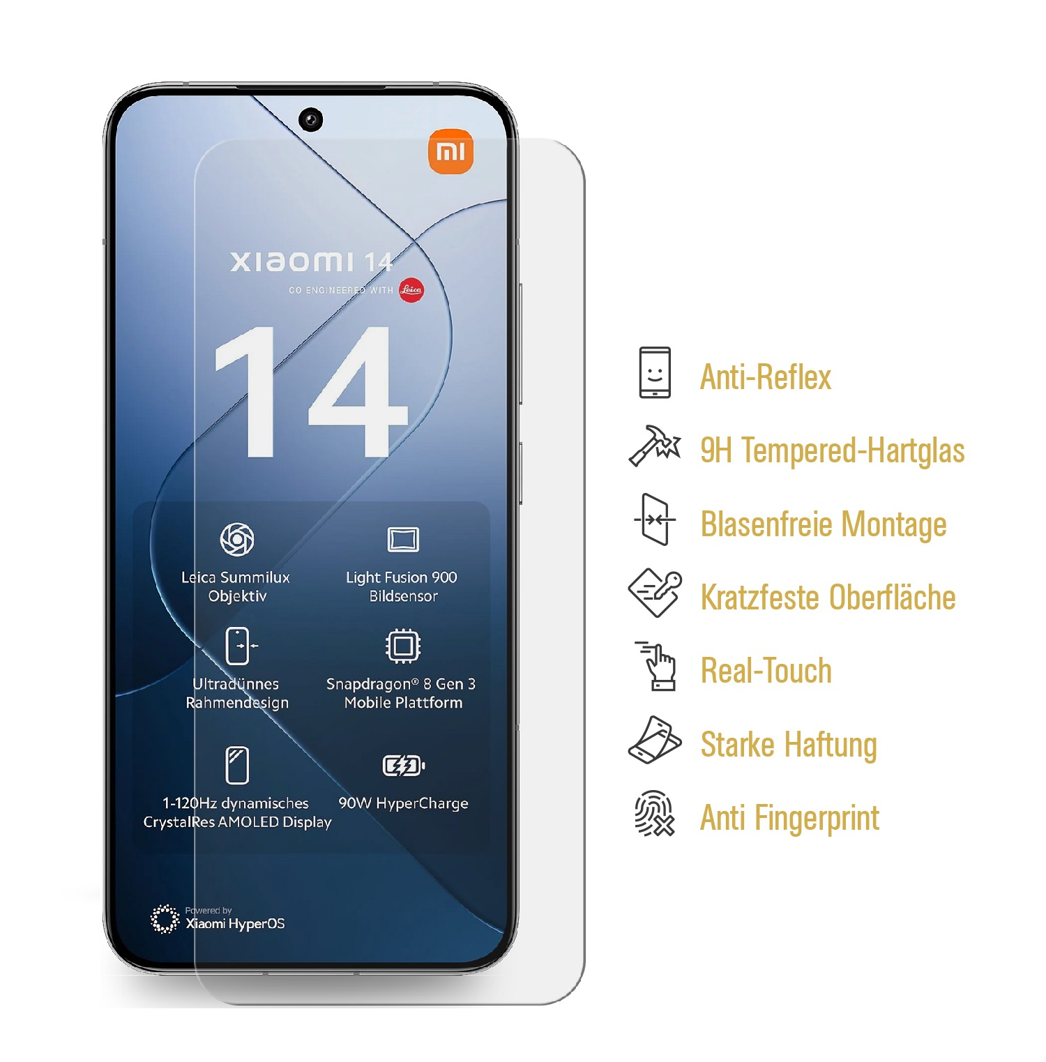 Xiaomi 14 Telefon mit Displayschutz, Text und Designelementen auf dem Display.
