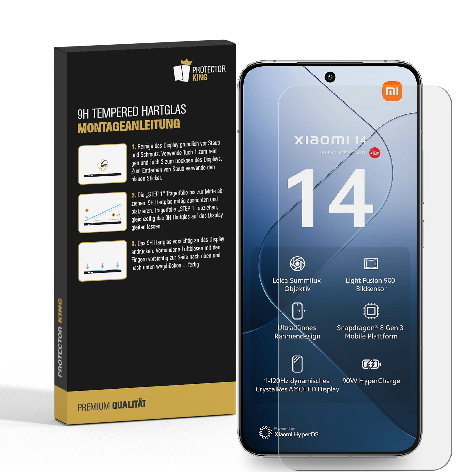 Ein Smartphone mit angebrachter Displayschutzfolie, das das Xiaomi 14 Modell zeigt.