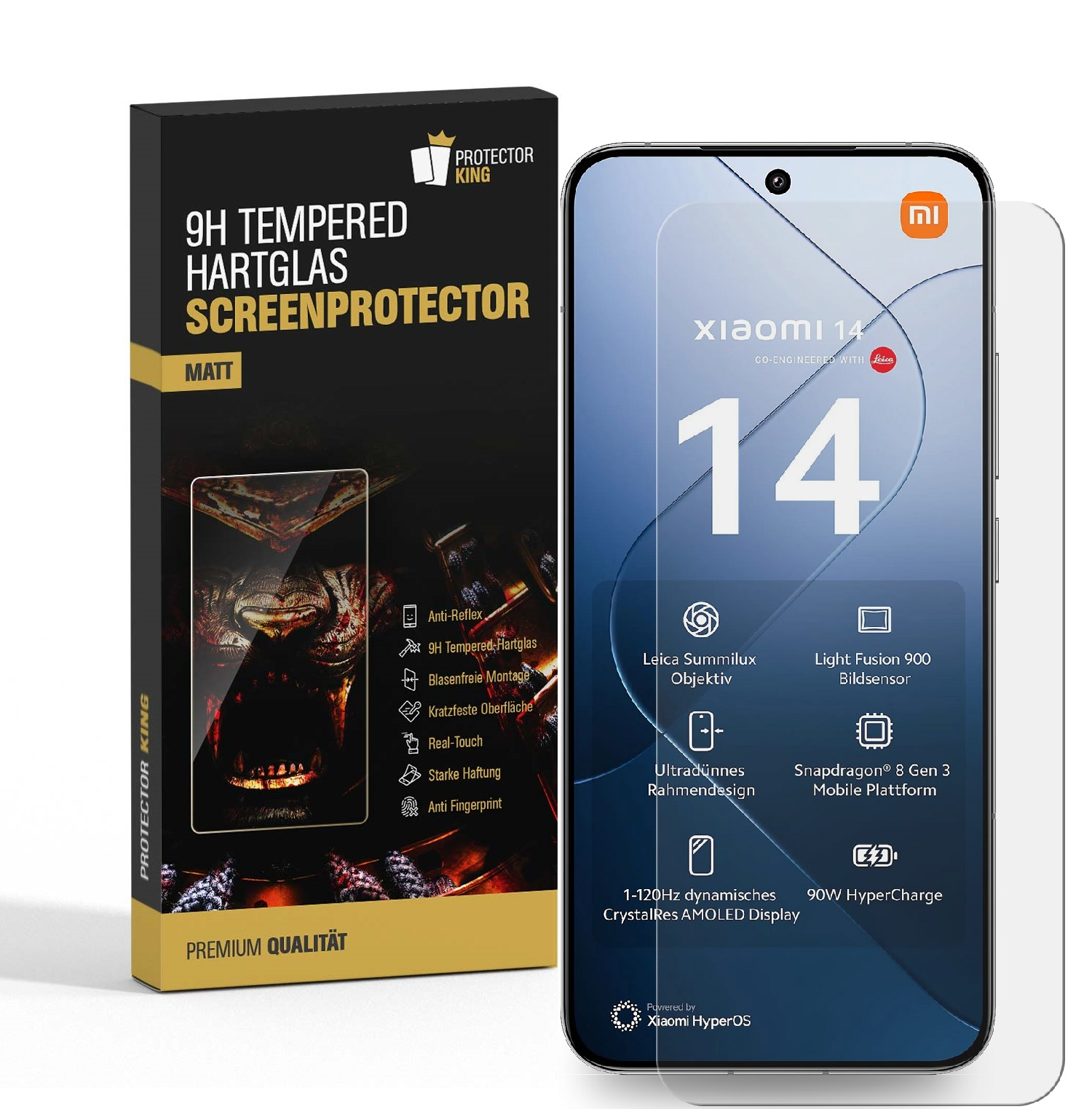 Ein Smartphone mit angebrachter Displayschutzfolie, das das Xiaomi 14 Modell zeigt.