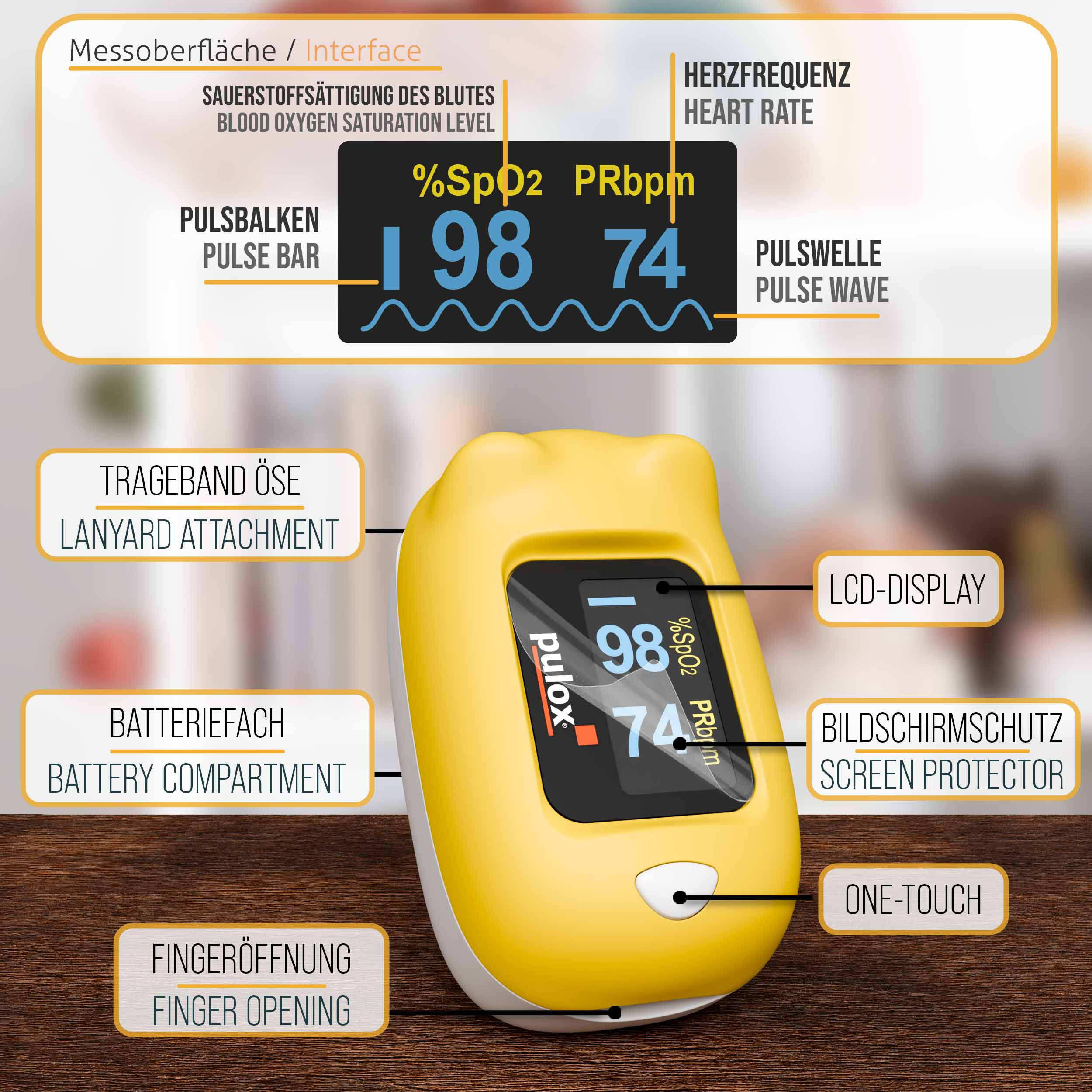 Gelbes Pulsoximeter mit Digitalanzeige, die SpO2- und PRbpm-Werte zeigt.