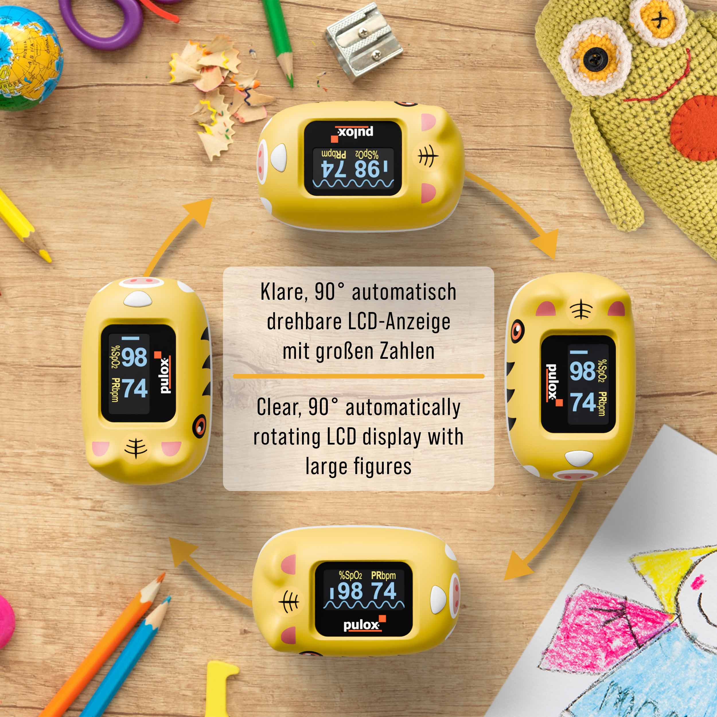 Vier gelbe Pulsoximeter zeigen Messwerte, klare LCD-Anzeigen und ein cartoonartiges Design.