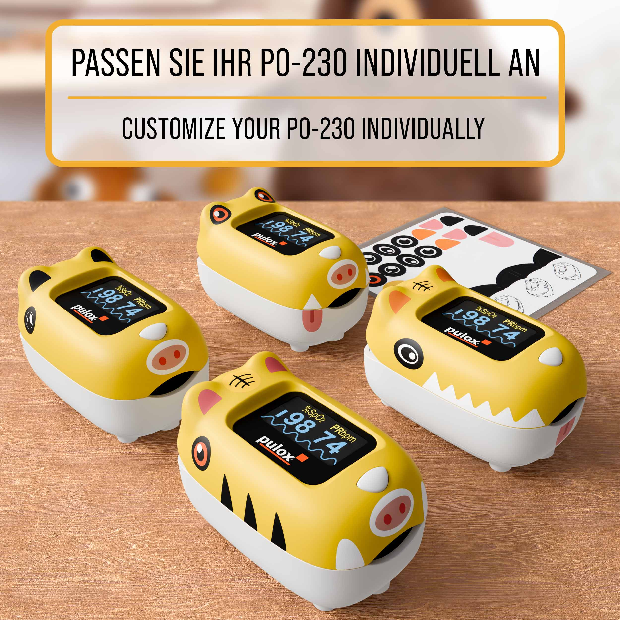 Vier gelbe Pulox-Oximeter, die SpO2- und PRbpm-Werte anzeigen, mit Aufklebern.