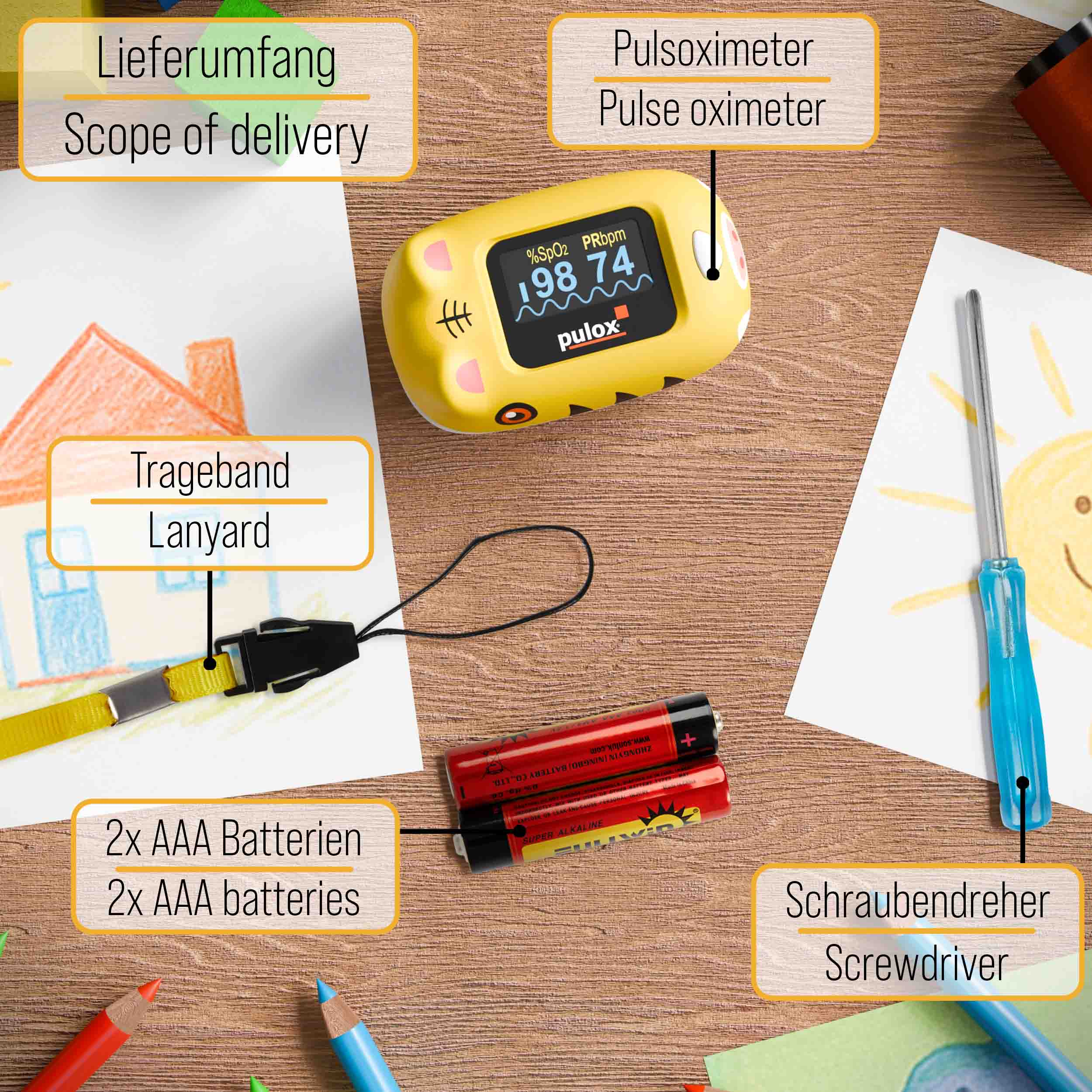 Ein gelbes Pulox-Oximeter, Lanyard, zwei AAA-Batterien, ein Schraubendreher und Zeichnungen.