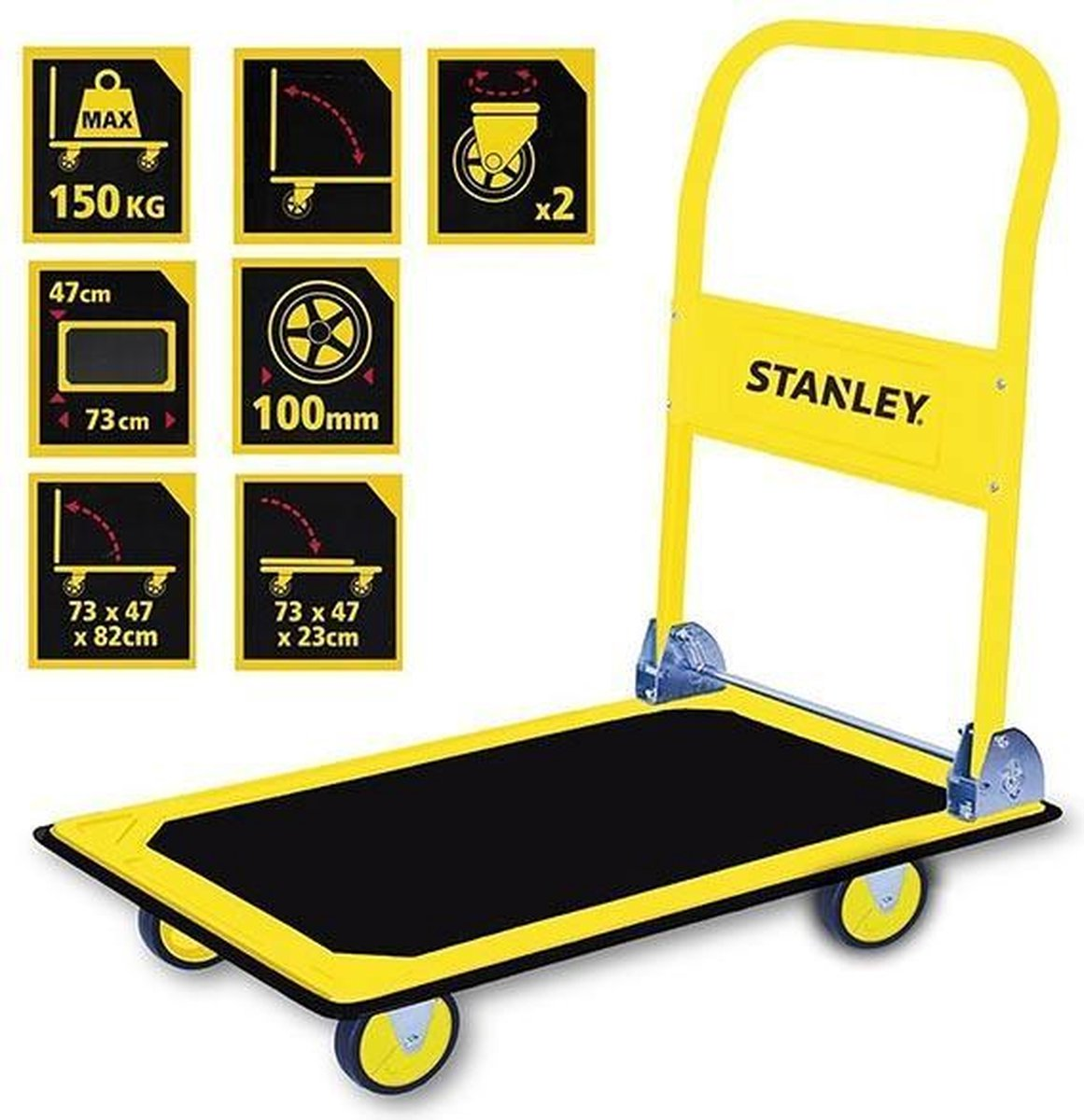 Yellow Stanley hand truck with various size and weight indications.