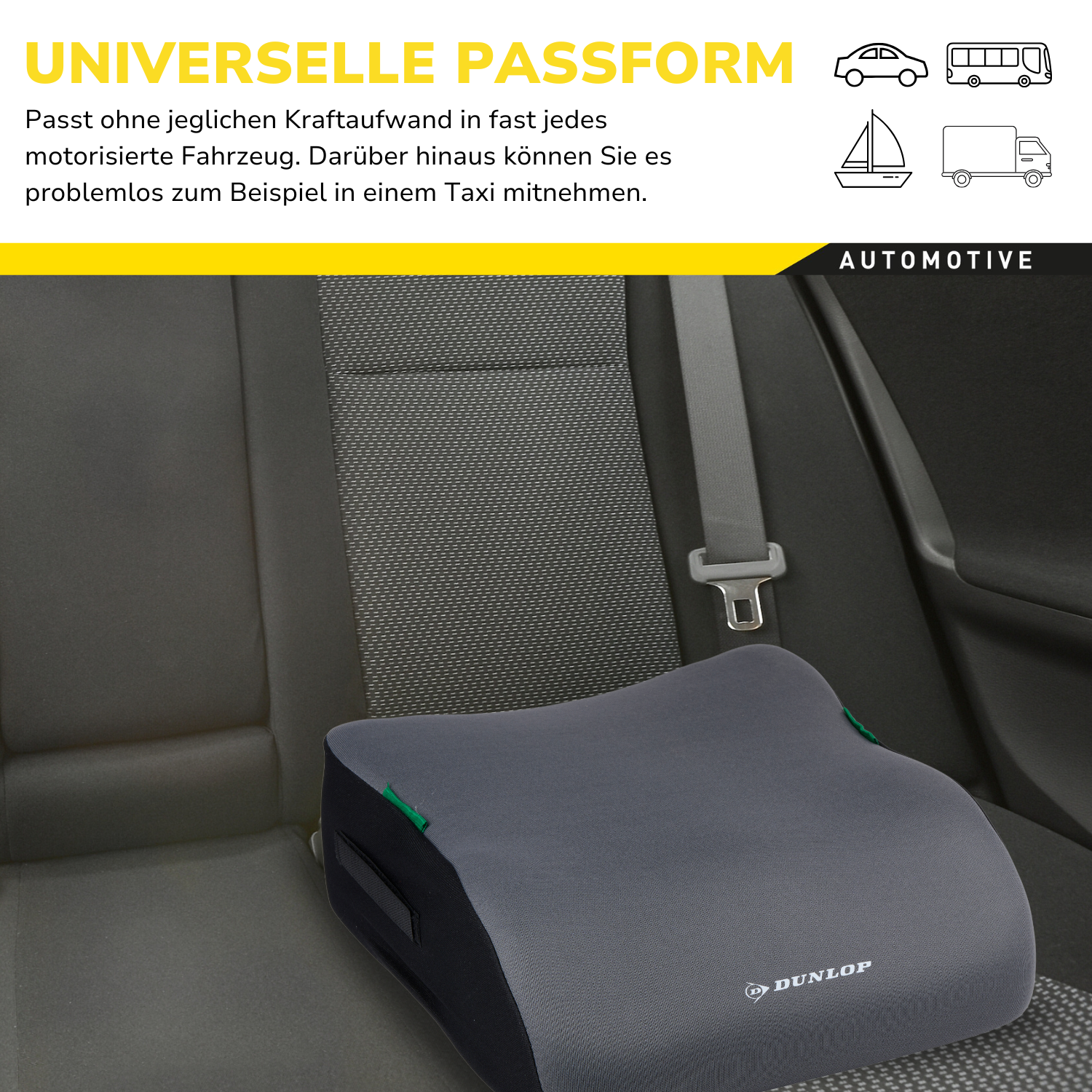 Grijs lendenkussen in een autostoel. Tekst: 'Universele pasvorm'. De scène suggereert gebruik in de auto-industrie.