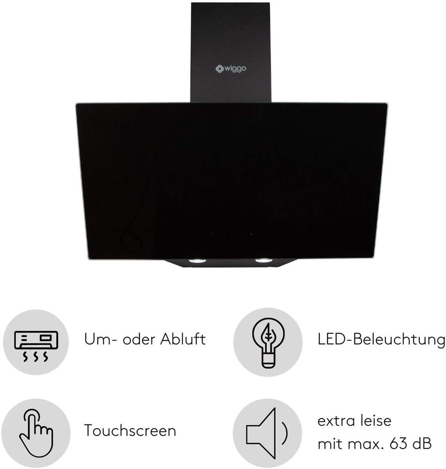 Eine schwarze Dunstabzugshaube mit Touchscreen und LED-Beleuchtung, drinnen gezeigt.