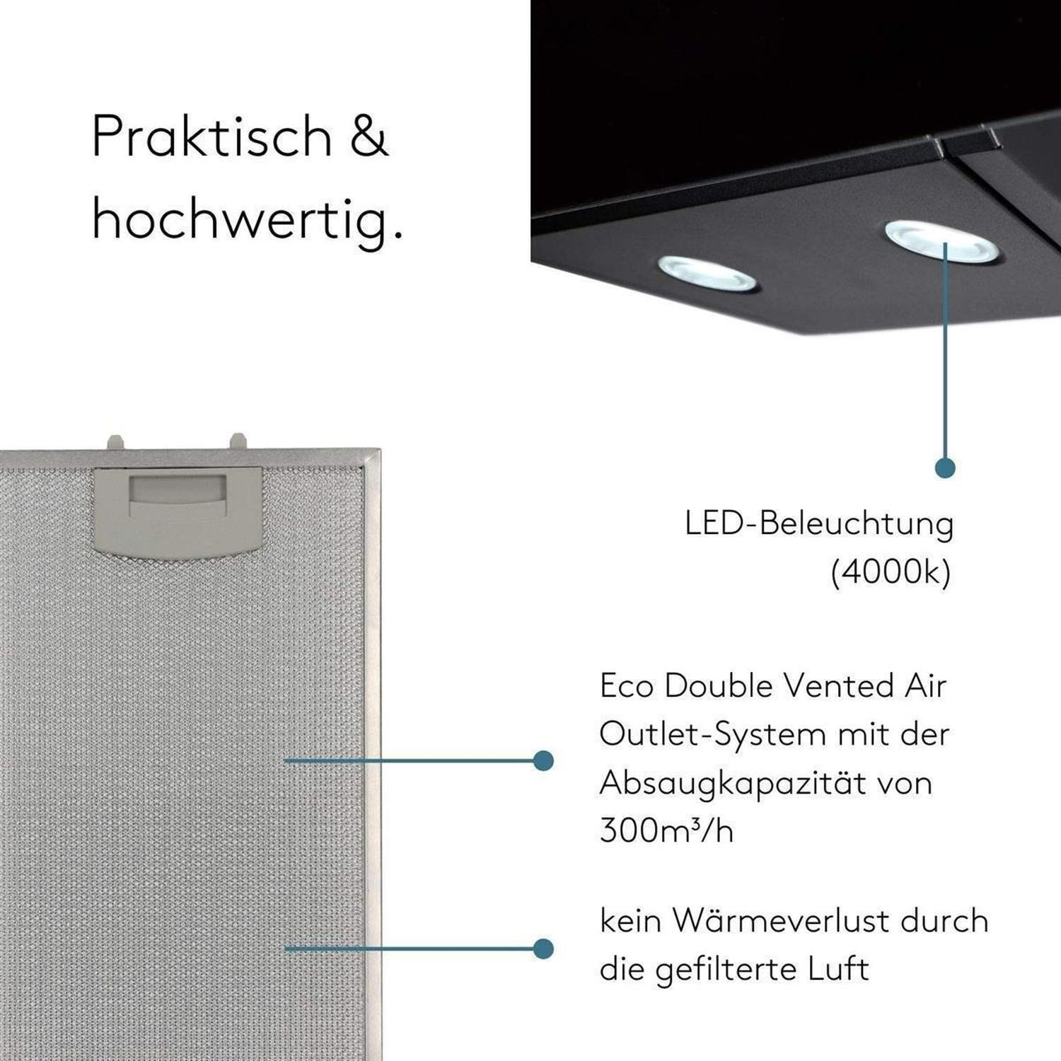 Close-up van een afzuigkap met LED-verlichting en luchtafvoereigenschappen.