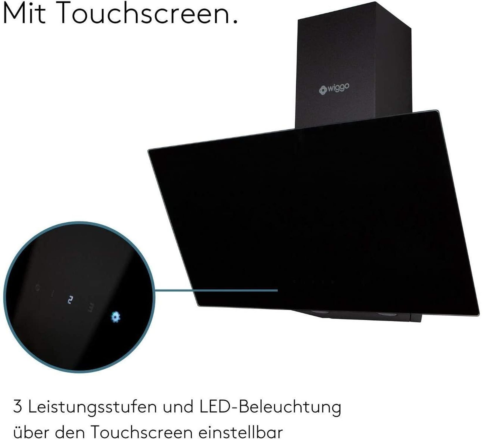 Eine Nahaufnahme einer schwarzen Dunstabzugshaube mit Touchscreen-Bedienfeld.