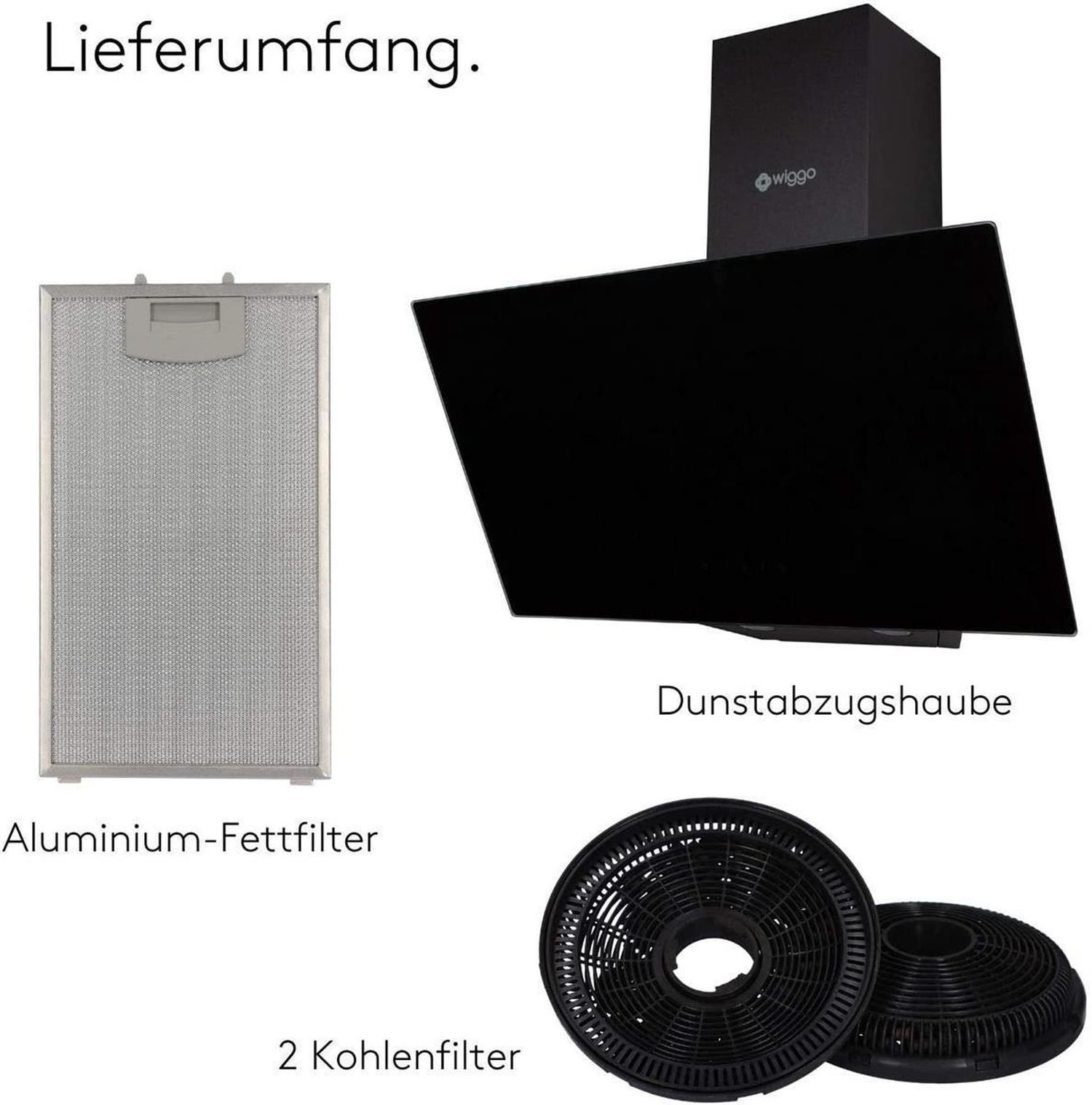 Komponenten einer Dunstabzugshaube: Aluminiumfilter und zwei Aktivkohlefilter.
