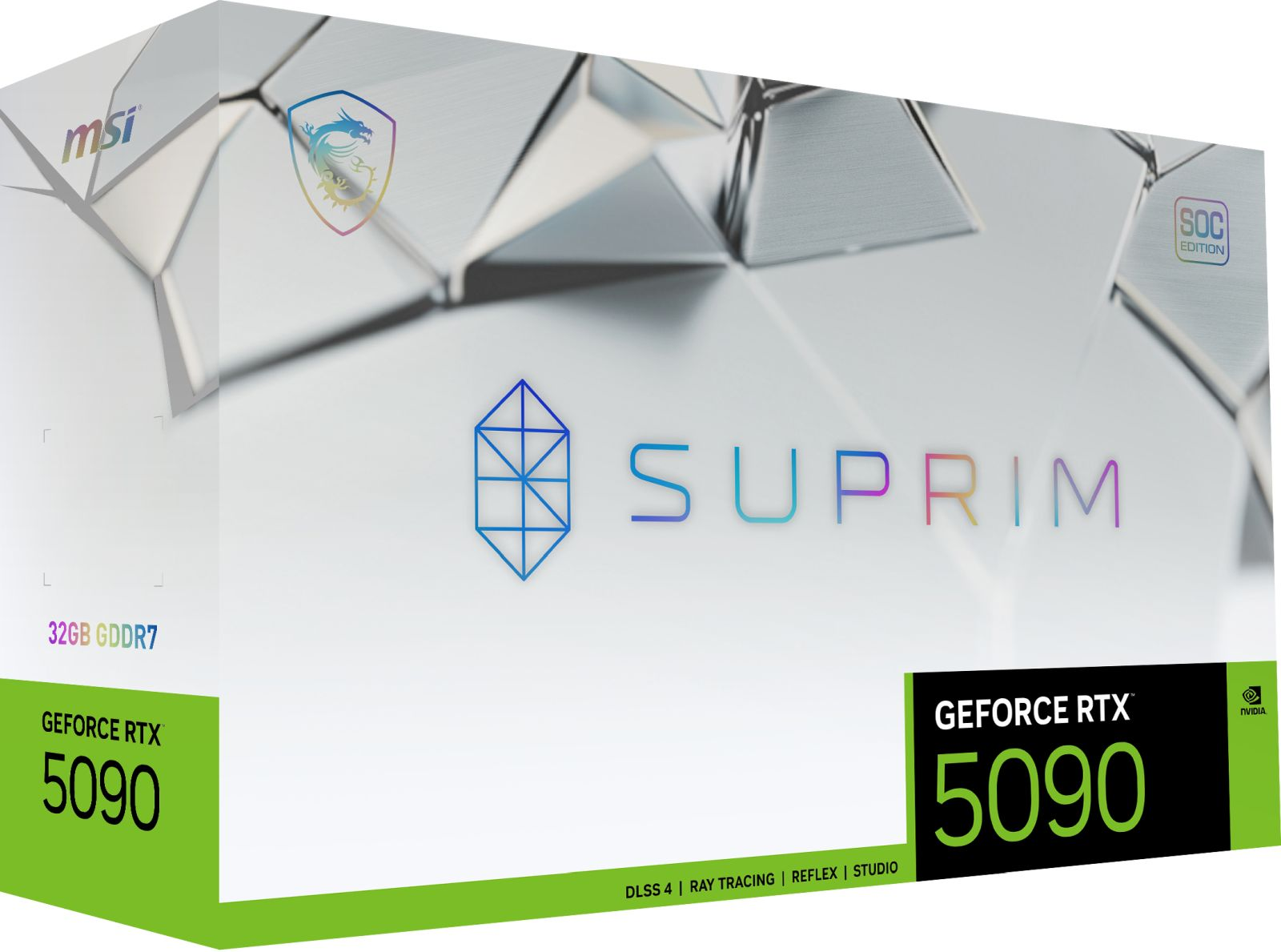 Pudełko karty graficznej MSI Suprim GeForce RTX 5090 z funkcjami i logo marki.