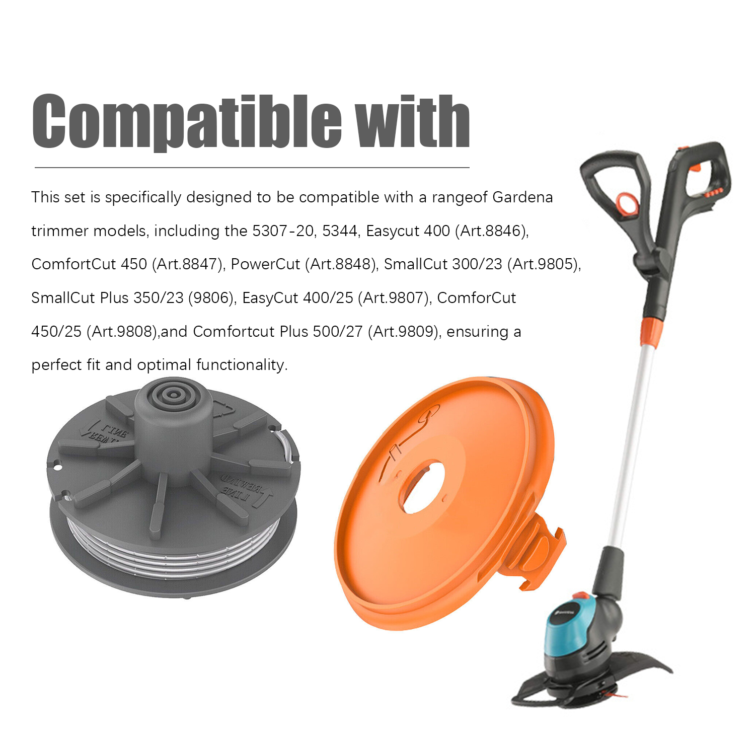 Trimmerteile und Trimmer. Die Teile sind grau und orange. Der Trimmer ist schwarz.