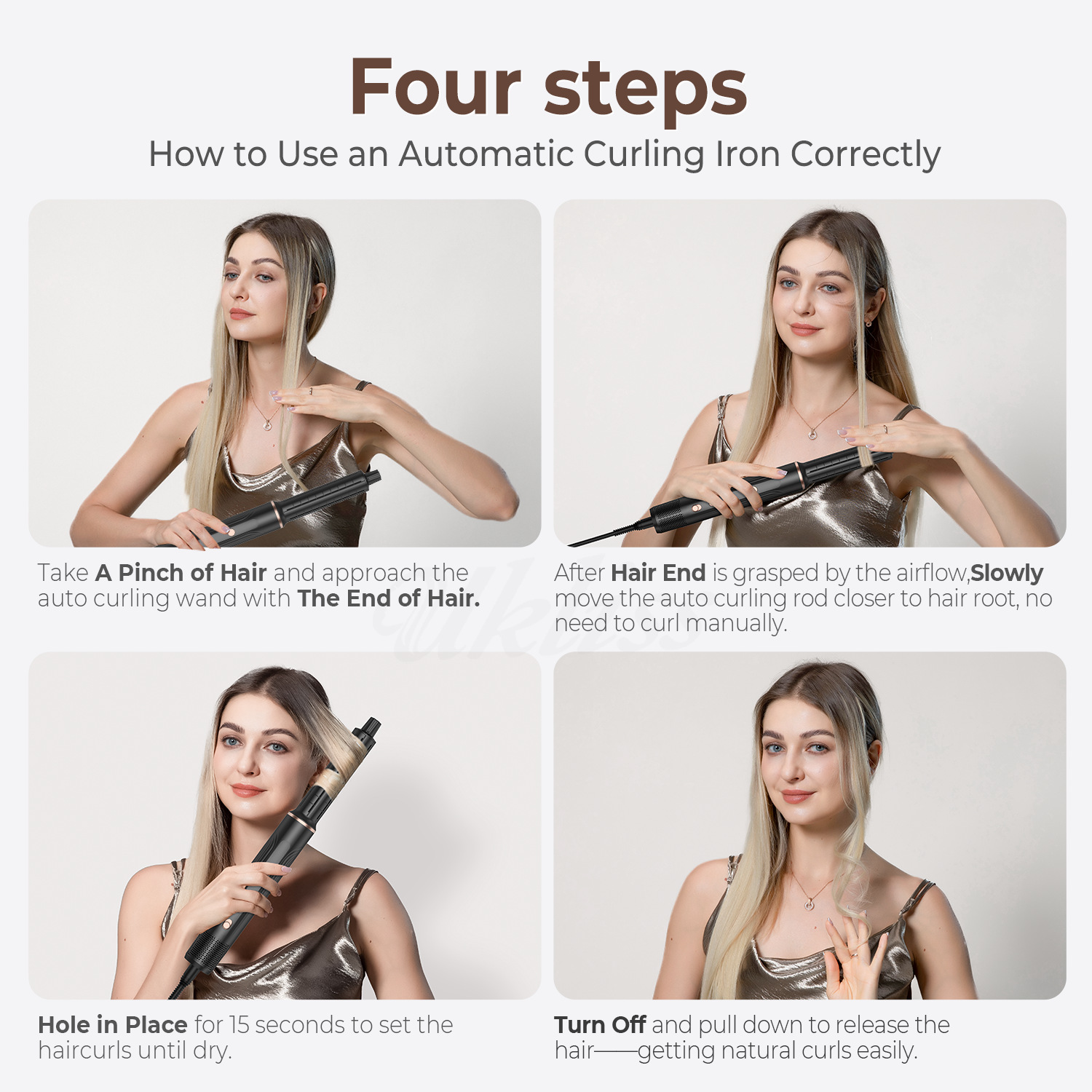 Vier Schritte zur korrekten Verwendung eines automatischen Lockenstabes. Frauen locken Haare.