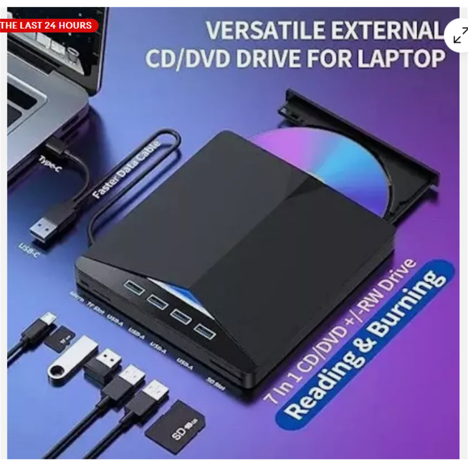 Externes CD/DVD-Laufwerk mit Disc, Kabeln und Laptop im Hintergrund.