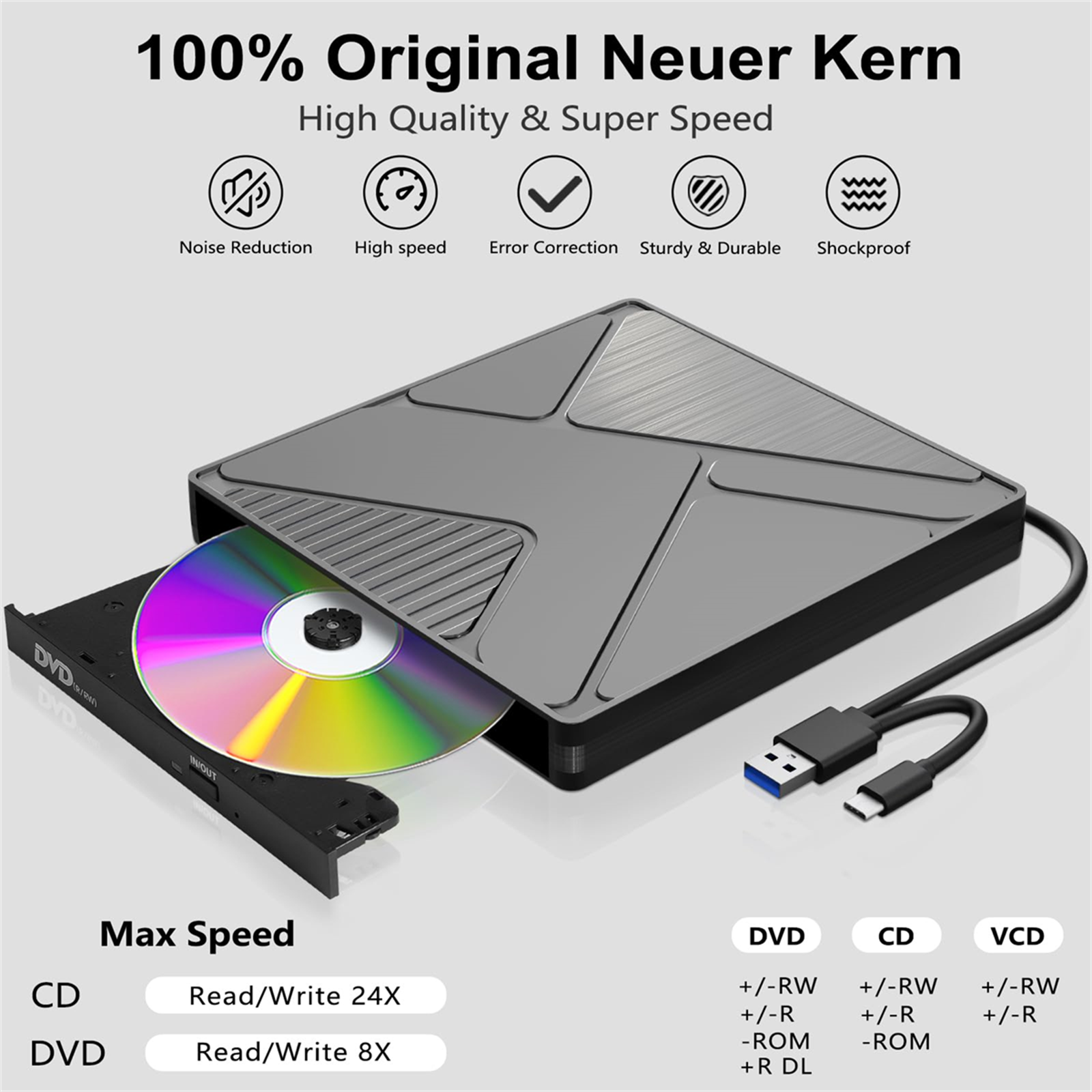 Externes DVD-Laufwerk mit USB-Kabel, das an einen Laptop angeschlossen ist, mit Symbolen darüber.