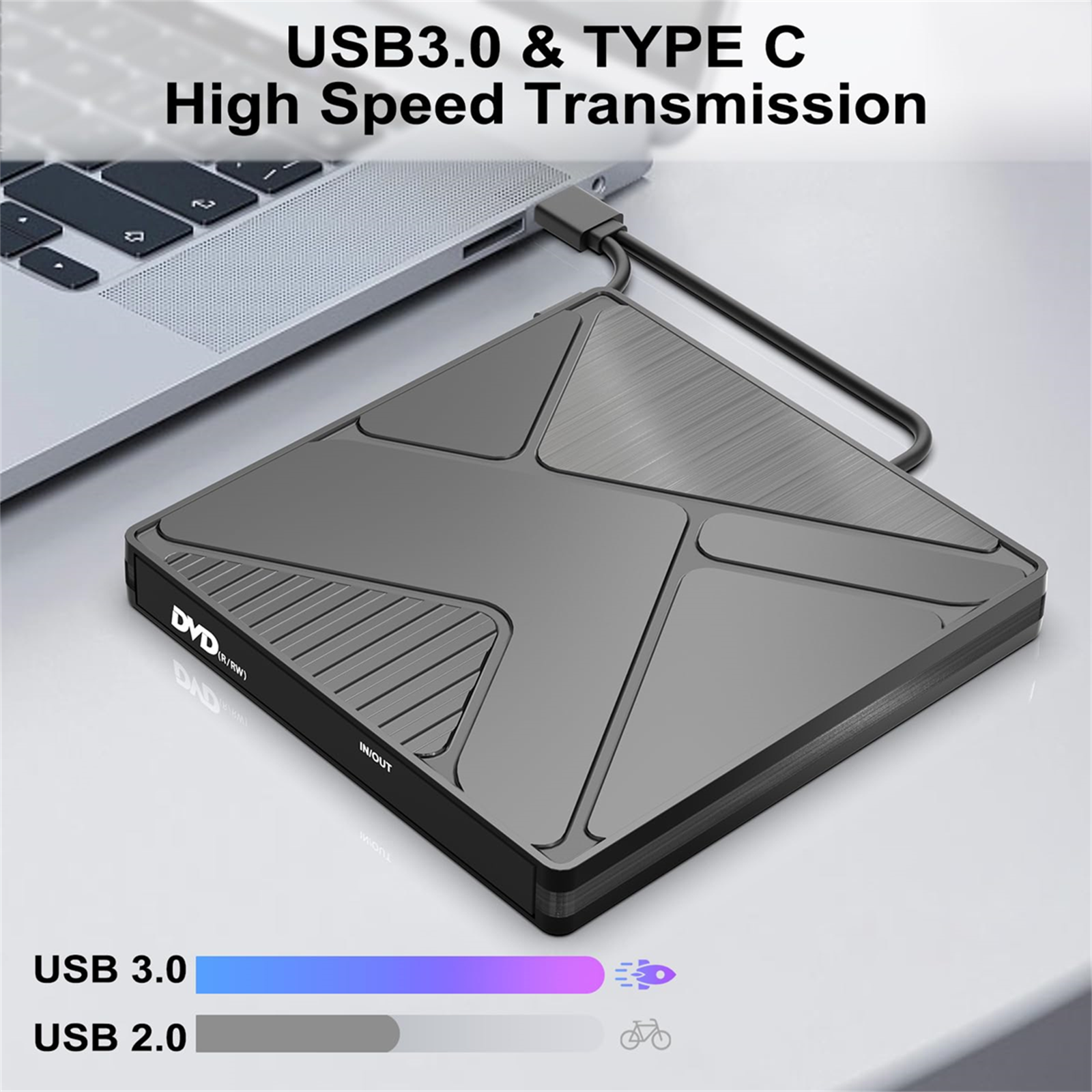 Laptop mit DVD-Laufwerk über USB 3.0 Kabel verbunden, Lesegeschwindigkeits-Symbol.