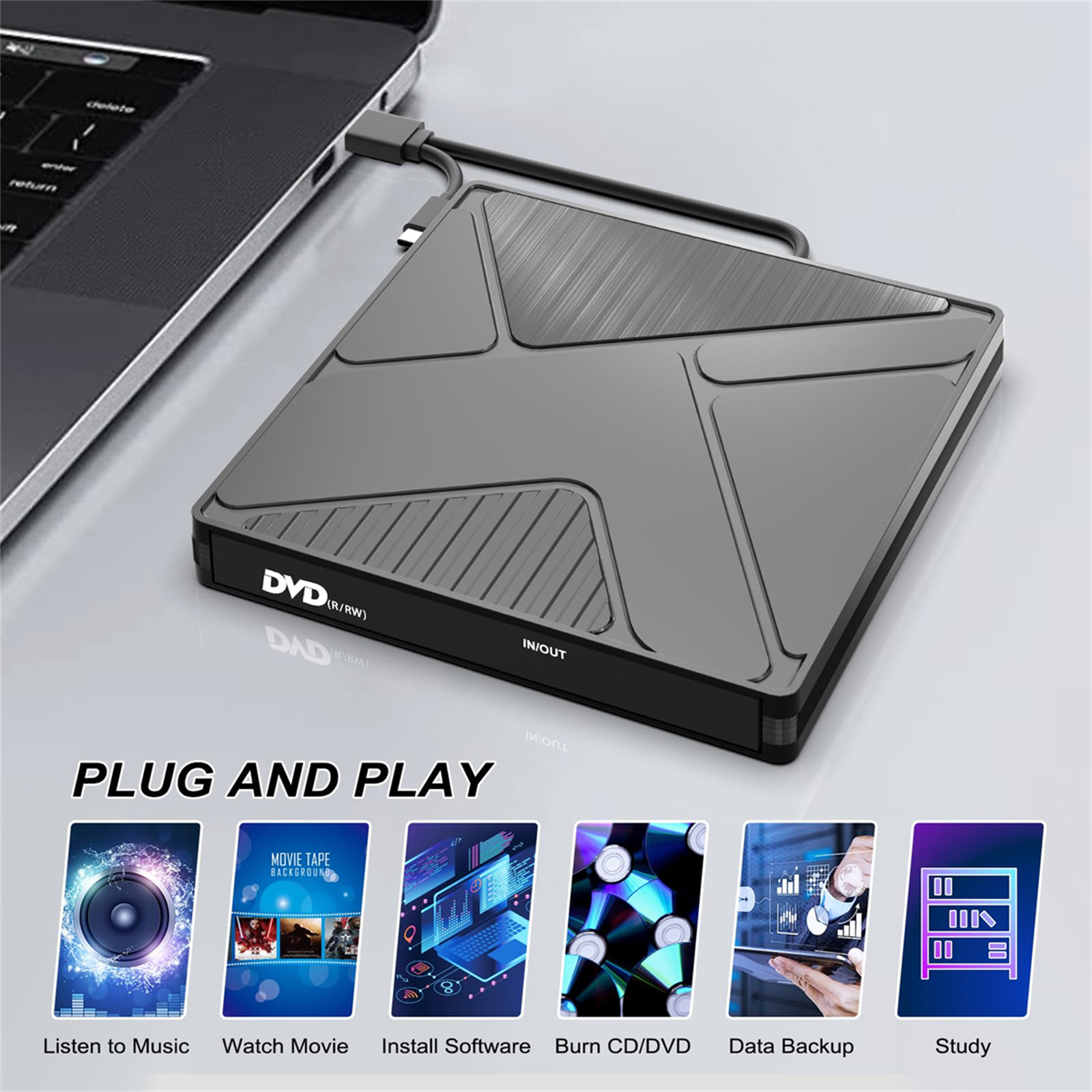 Externes DVD-Laufwerk an einen Laptop angeschlossen, mit Symbolen für Musik, Filme und Software.