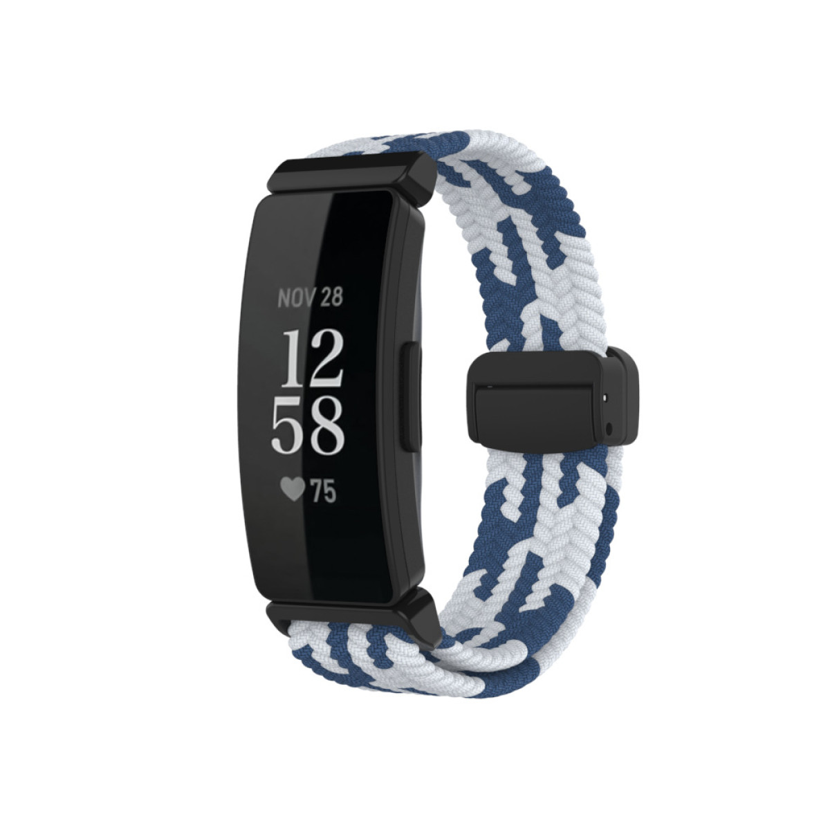 Schwarzer Fitnesstracker mit blau-weißem Armband, schräge Ansicht.